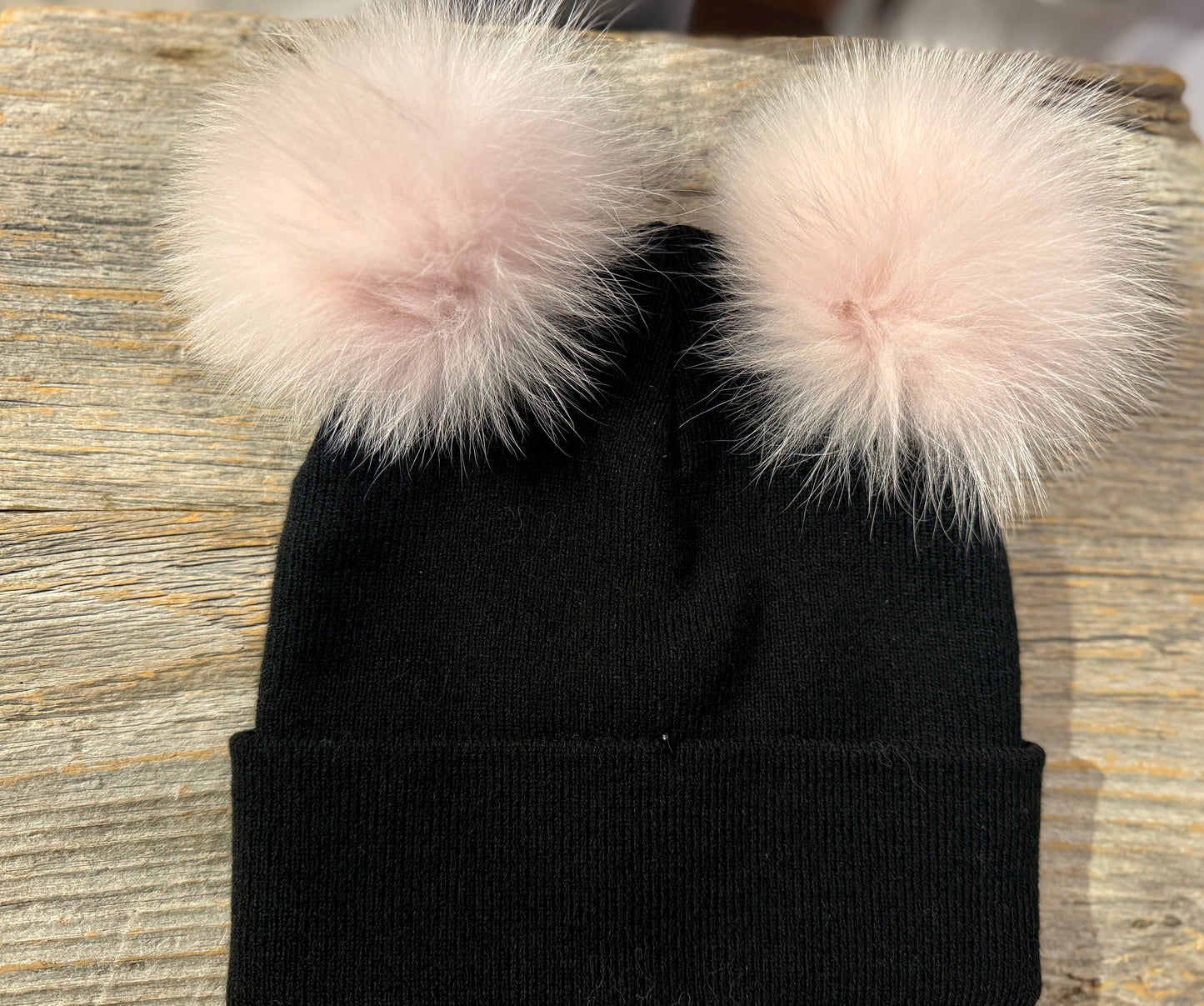 Black Knit Toque with 2 Pom Poms- Pink