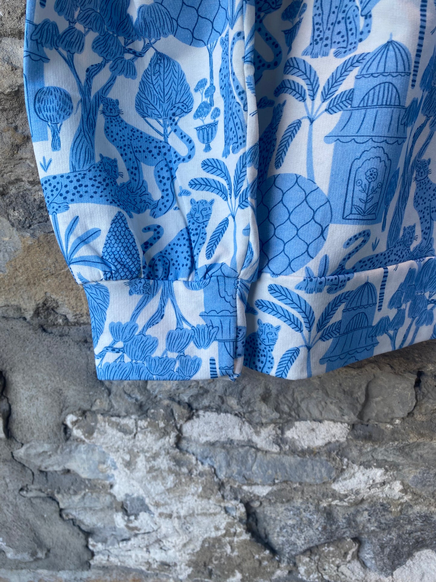 Blue + White Cotton Sweatshirt -White Lotus Pattern