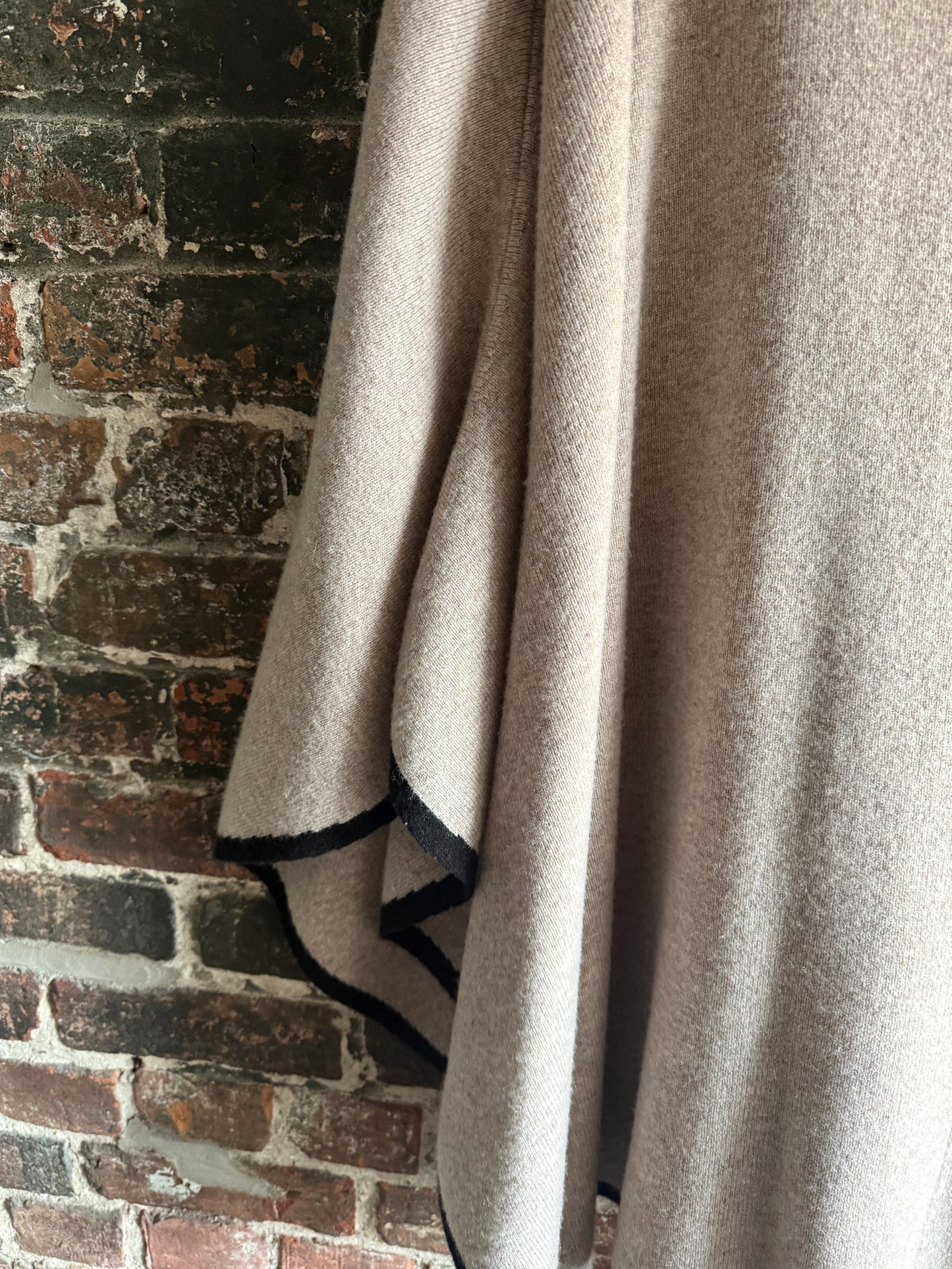 Cashmere Knit Cardigan Poncho - Oatmeal with Black Trim