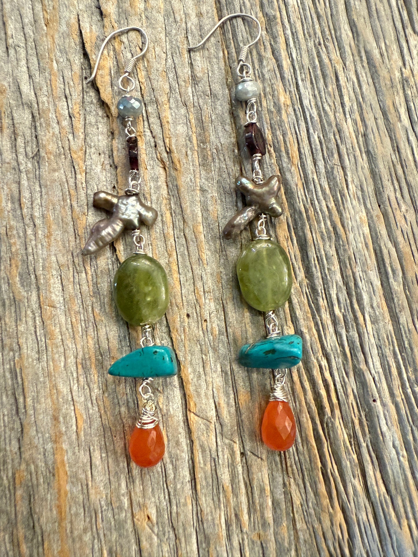 One of a Kind Semi Precious Drop Silver Earrings