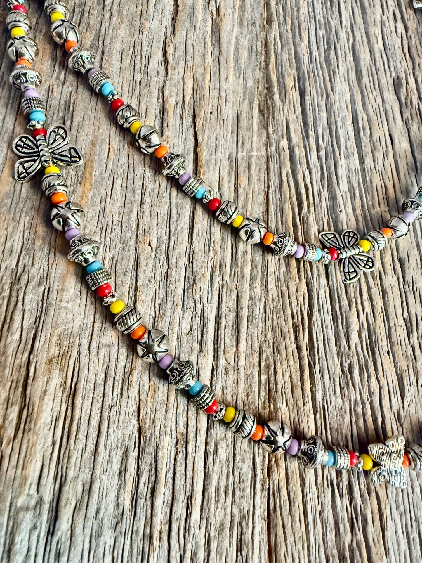 Handmade Long Versatile Multi Coloured Boho Beaded Lariat Necklace with Butterflies