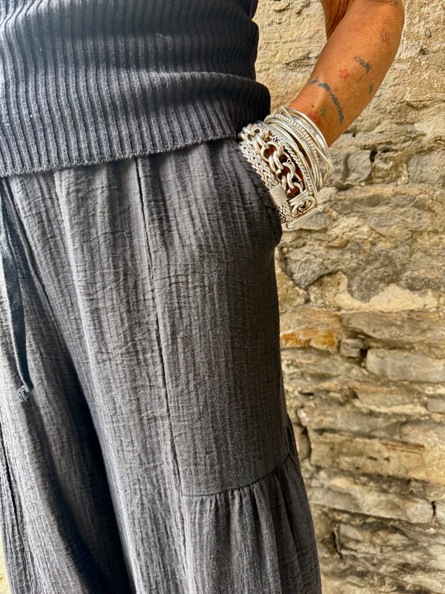 Boho Flounce Summer Flowy Pant with POCKETS -BLACK