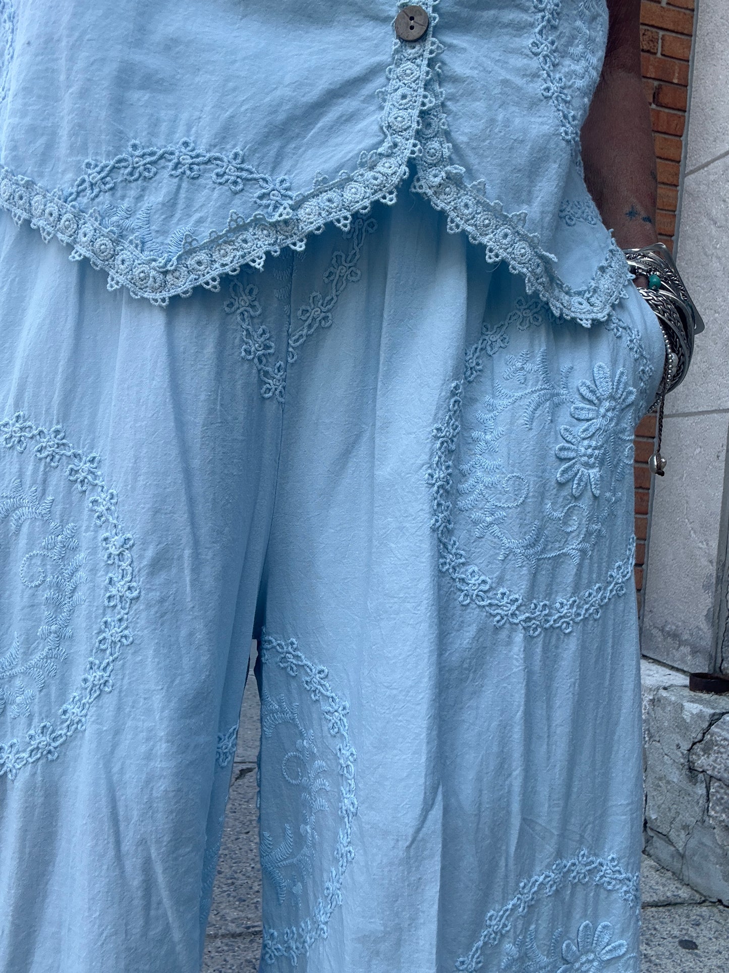 100% Cotton Relaxed Fit Button Front Vest with Embroidery- SKY BLUE