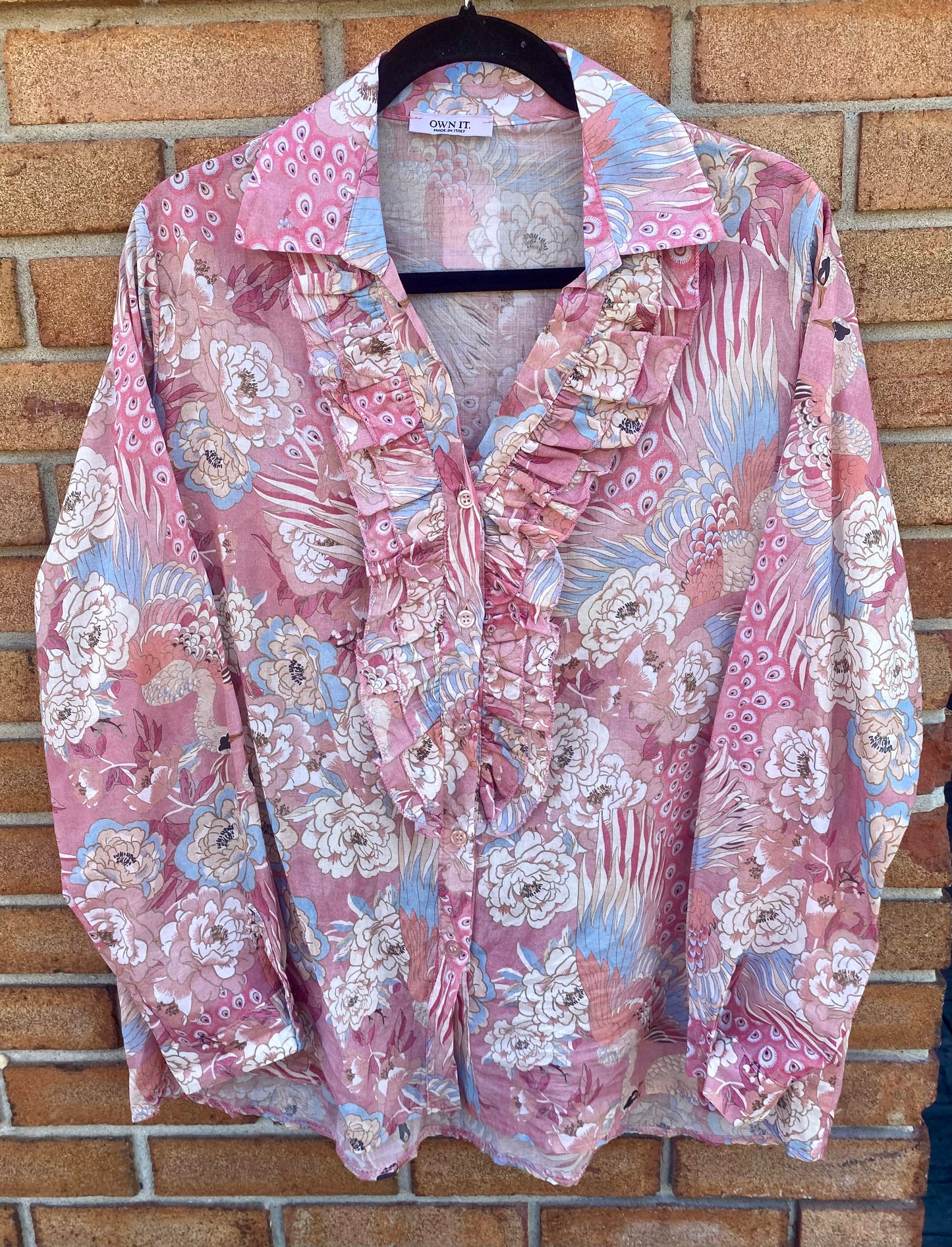 100% Cotton Ruffle Front Shirt- Romantic Swan Print