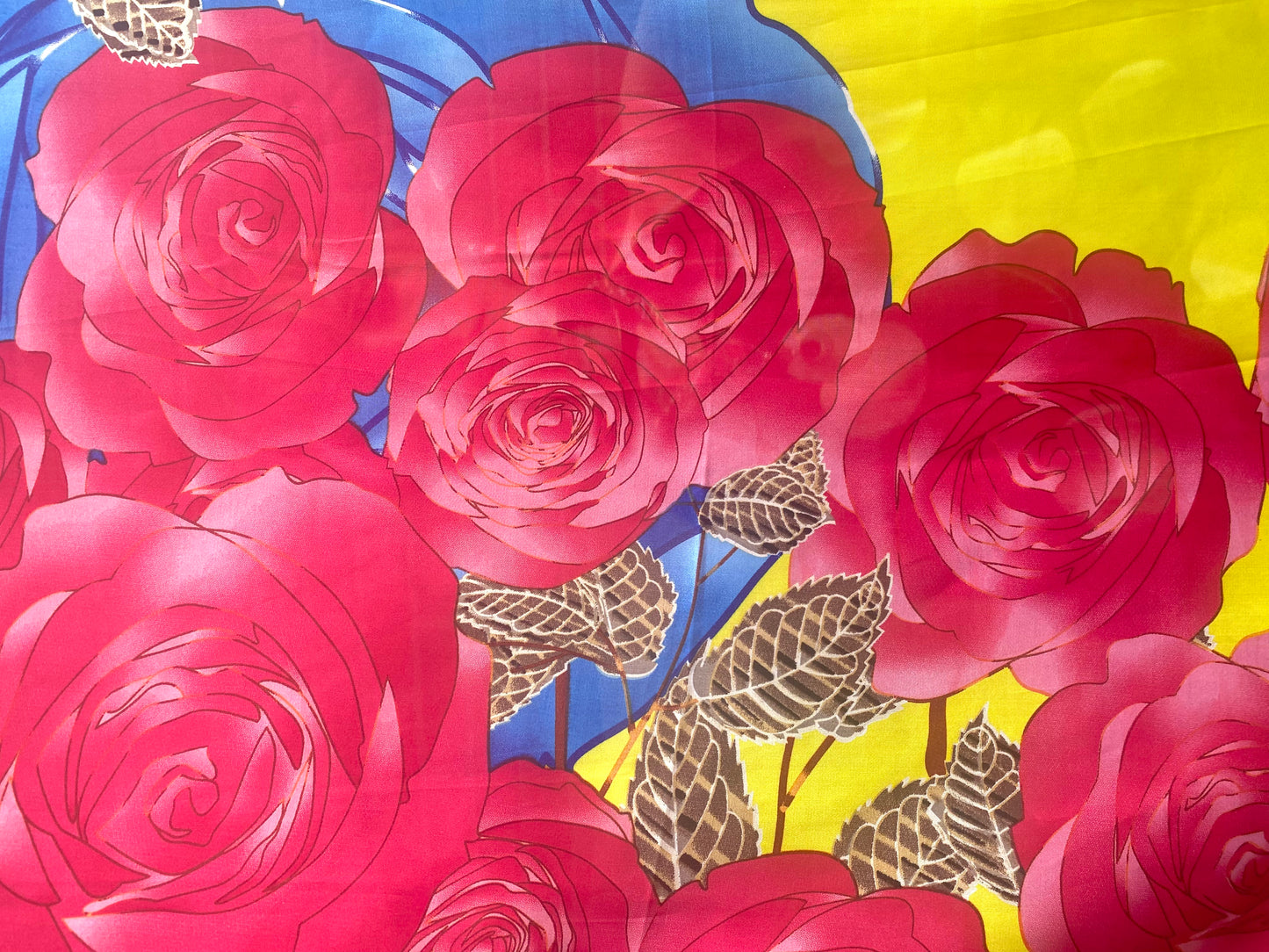 100% Silk Square Scarf - YELLOW & PINK ROSE PRINT