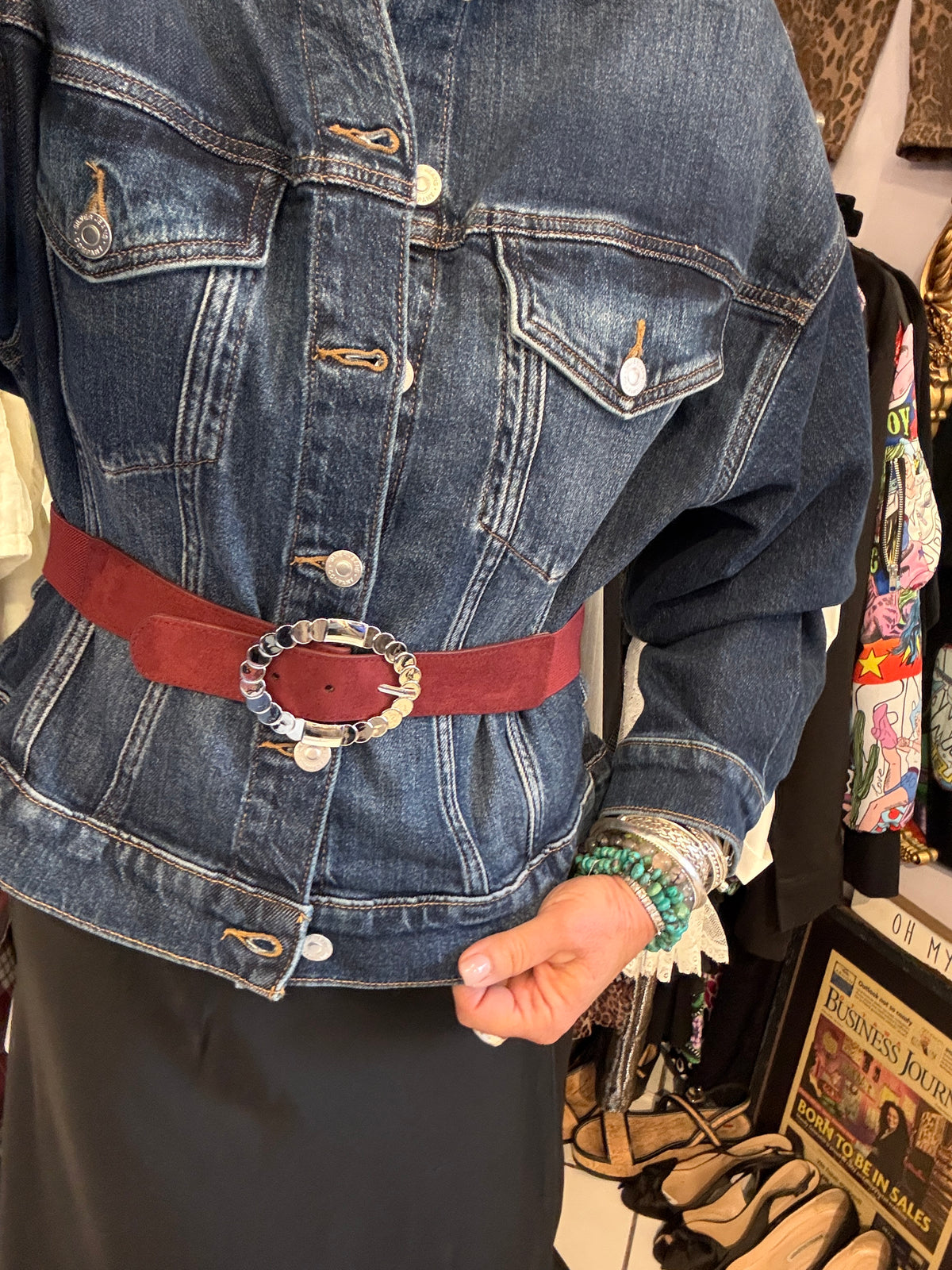 Dark Denim Jacket with Tie Waist- Medium Dark Wash