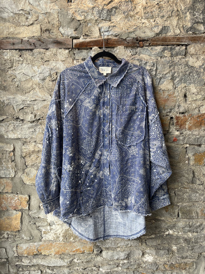 Oversized and Relaxed Cotton Paisely Print Shirt with pockets - Blue