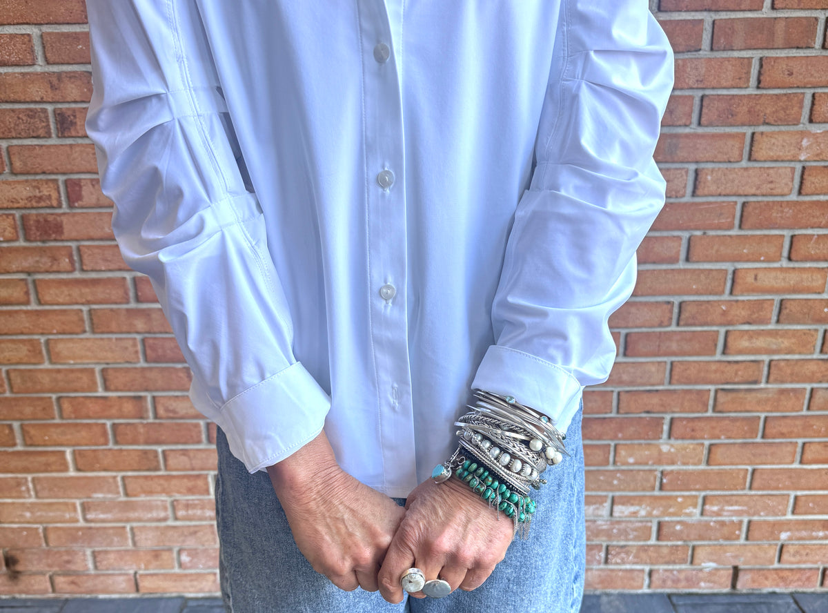Pleated Long Sleeve Shirt - WHITE