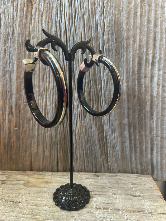 Large Black hoops with silver Earring