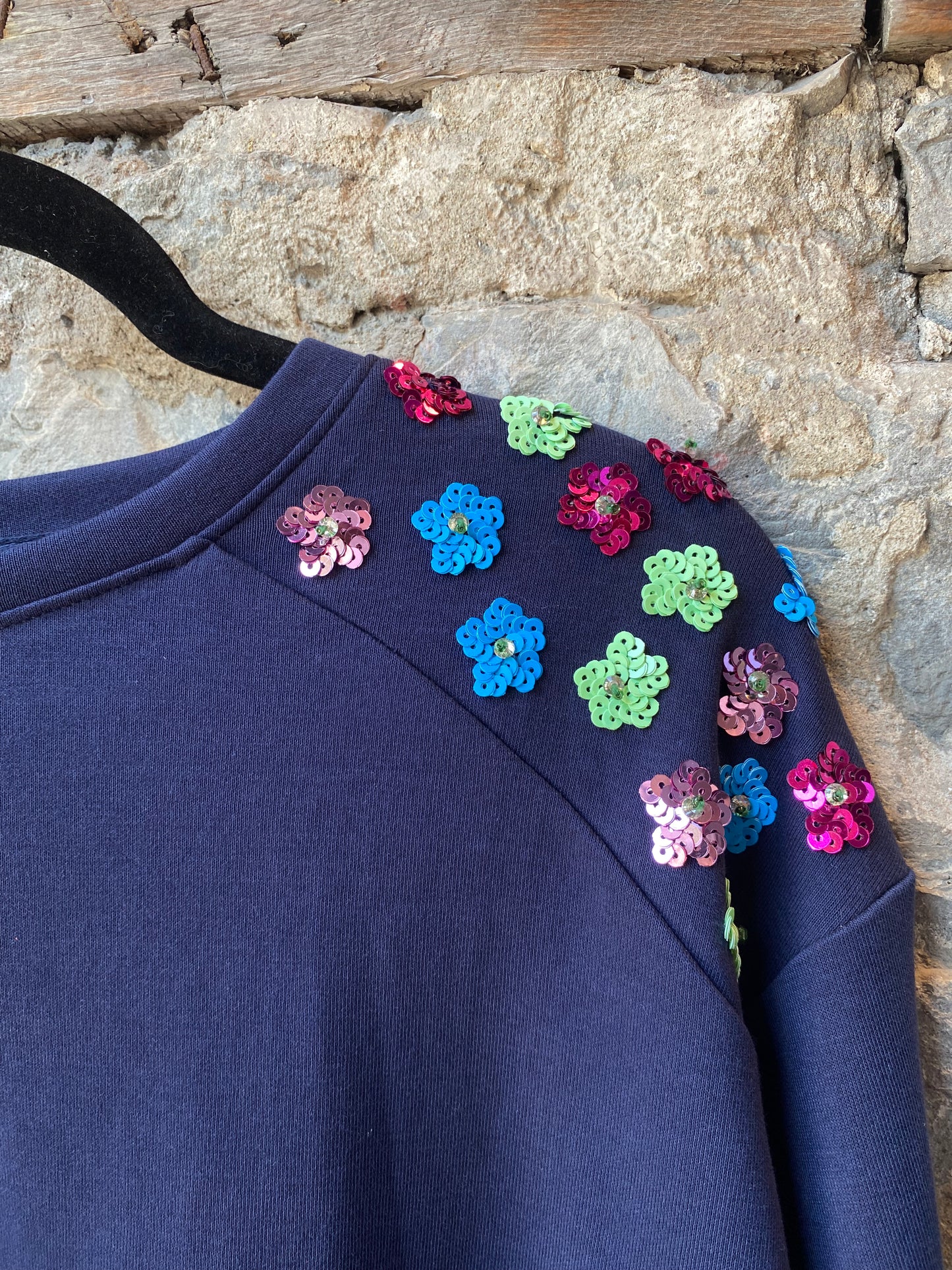Cotton Sweatshirt with Embellished shoulders - NAVY