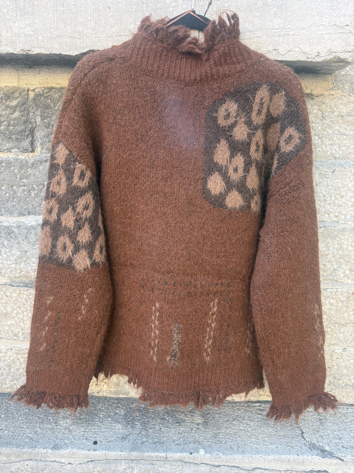 Fringed Knit Cardigan with Animal Print - BROWN TAN