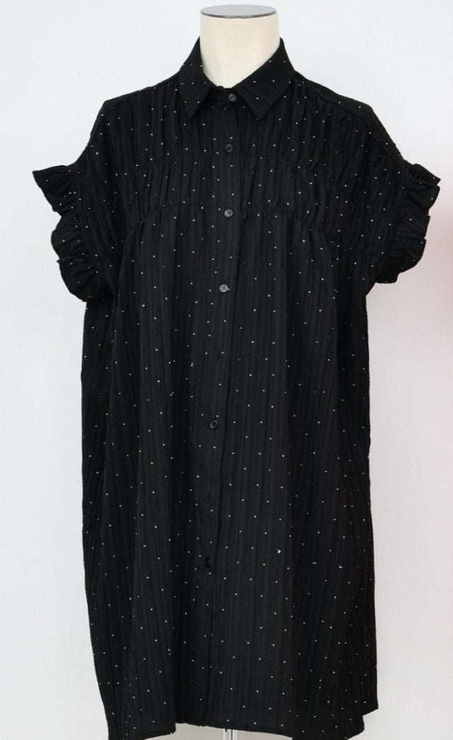 Black Button Front mini rhinestone Tunic/ Dress