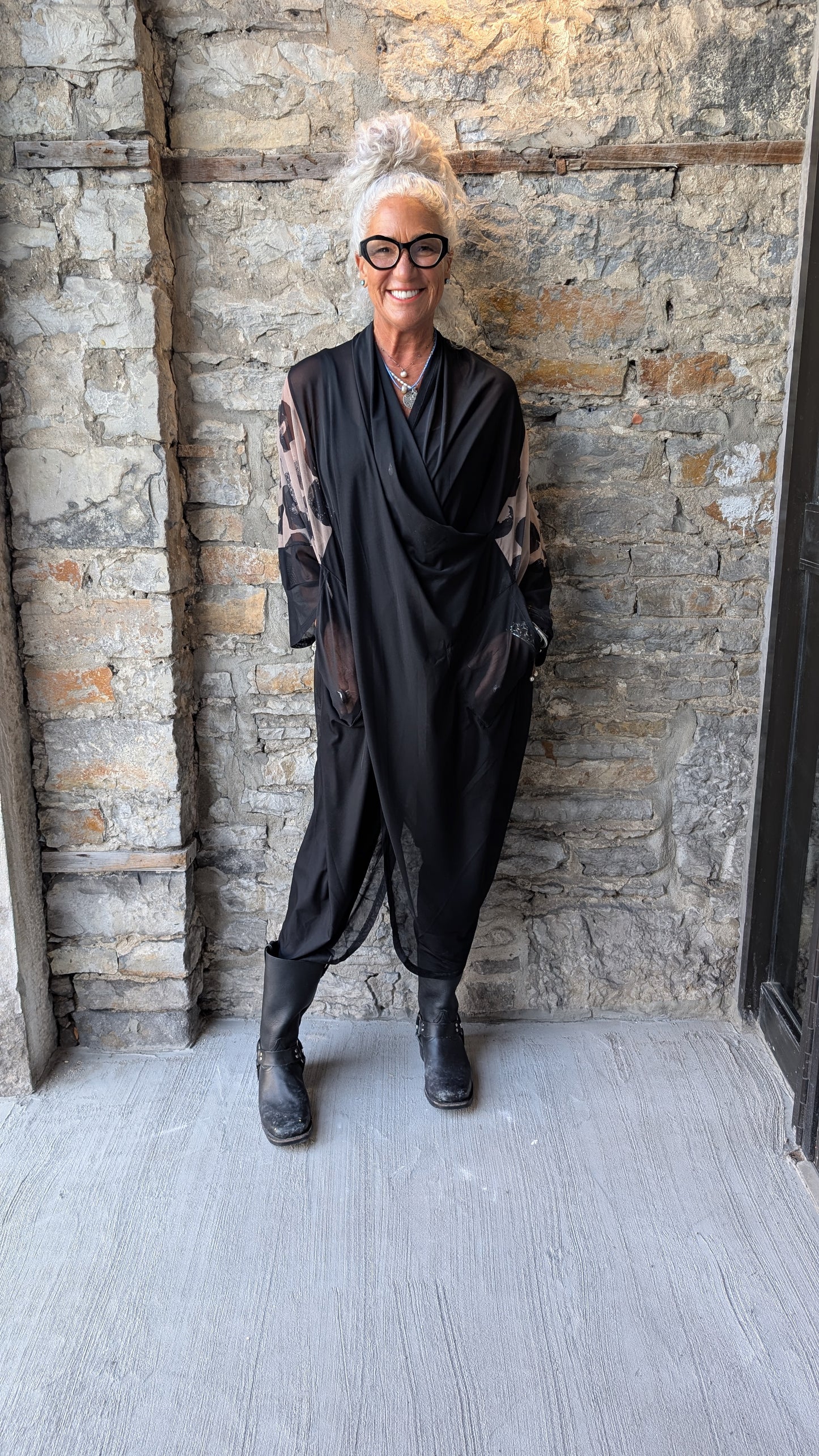One Size Black and Nude Moon Pattern Tunic Dress with Pockets