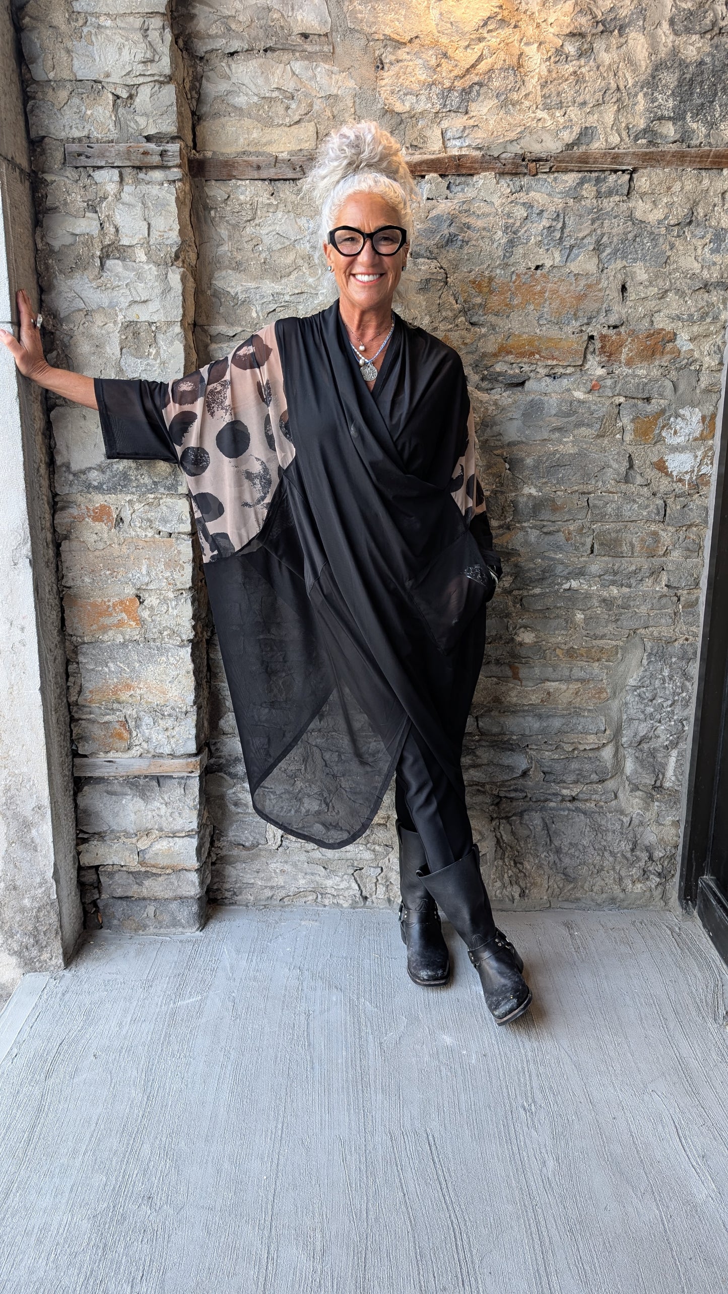 One Size Black and Nude Moon Pattern Tunic Dress with Pockets