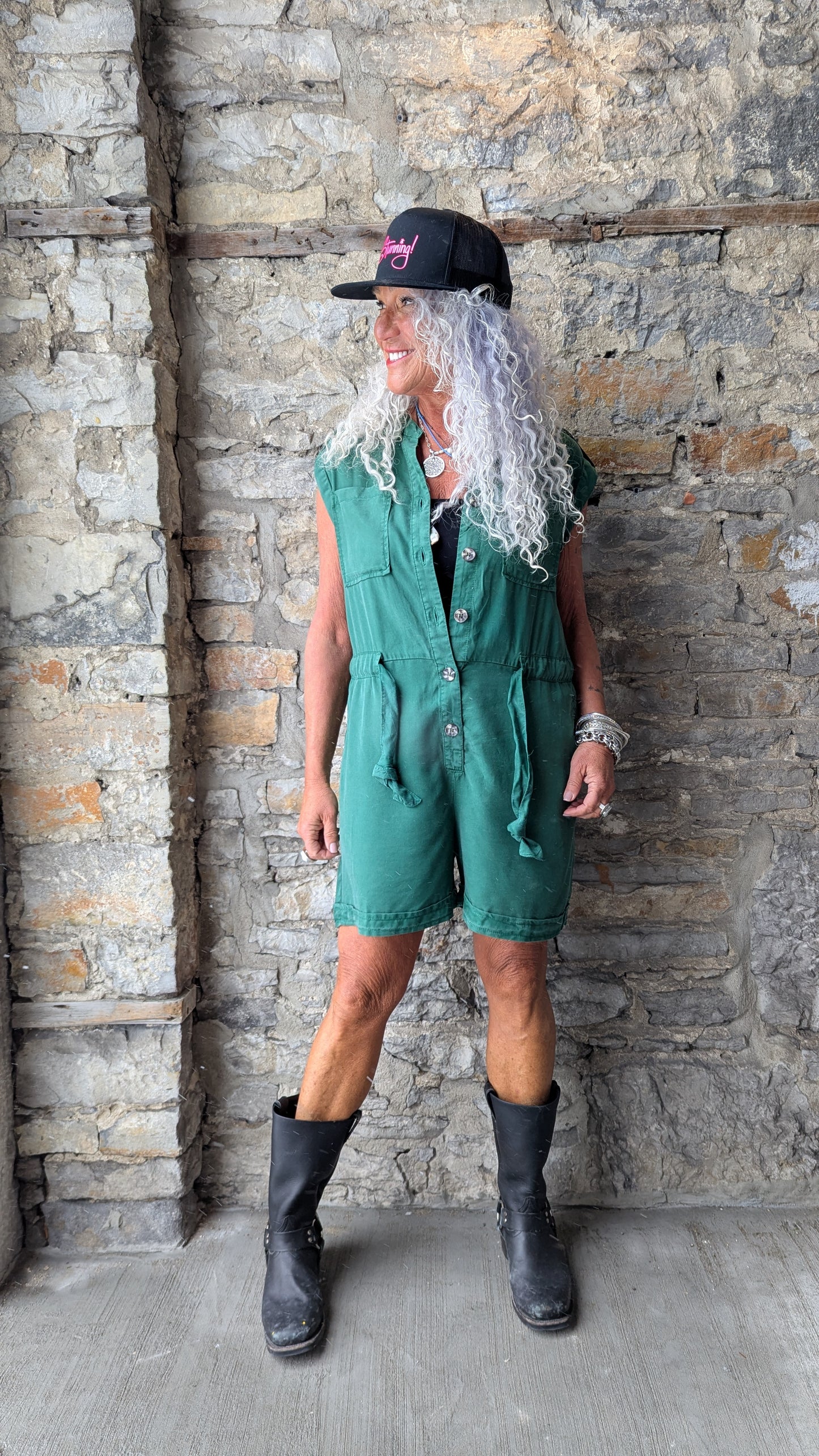 One Piece Oversized Relaxed Short Jumper with Pockets- Vintage Emerald Green