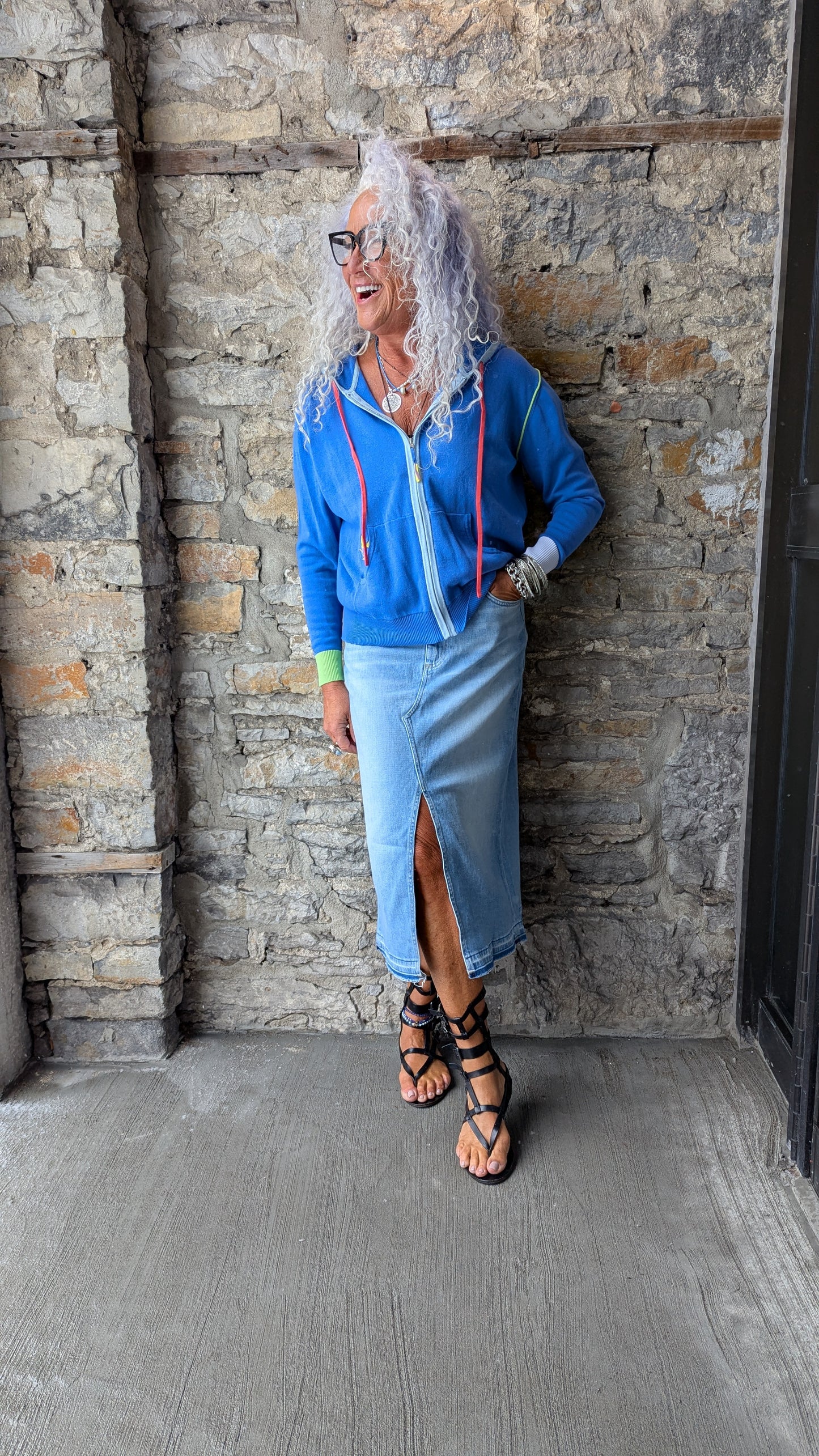 COJ Slim Fit Light Wash Stretch Jean Skirt with Front Slit