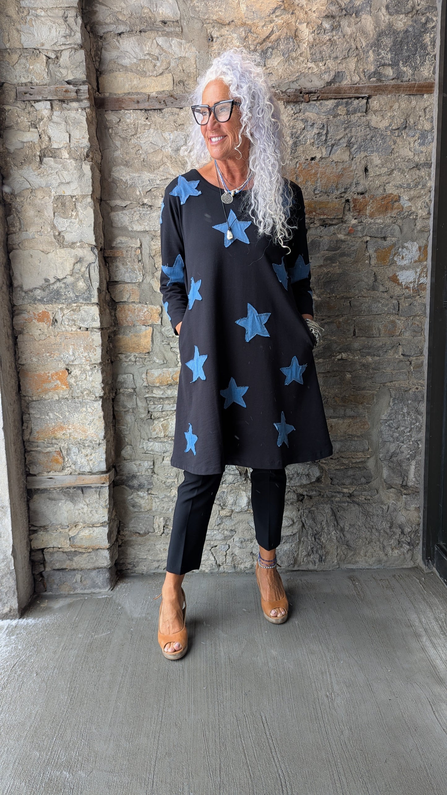 100% Cotton Denim Star Patchwork A-line Dress - Black and Denim