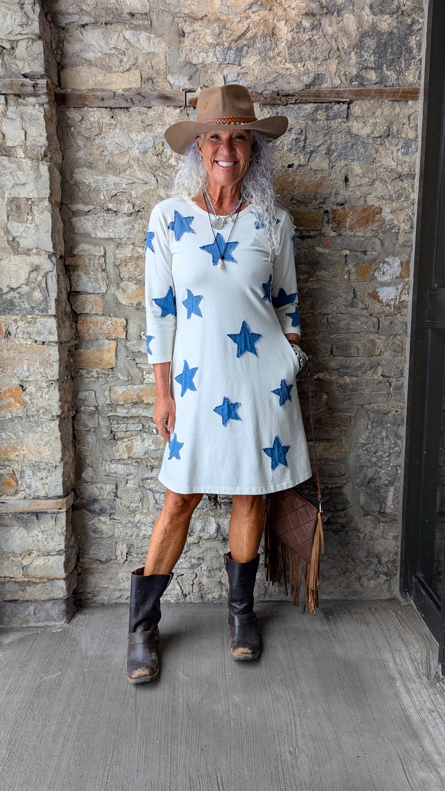 100% Cotton Denim Star Patchwork A-line Dress - Off White and Denim