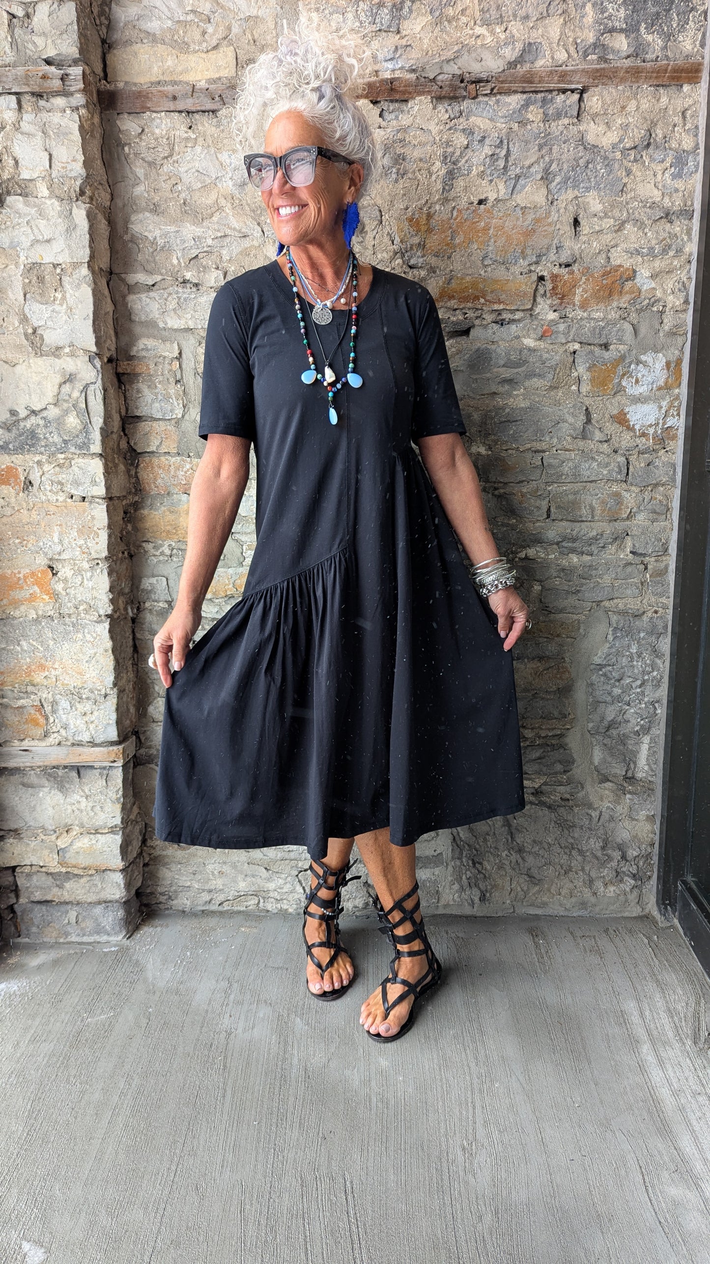 100% Cotton Round Neck T shirt Dress with Asymmetrical Flounce - BLACK