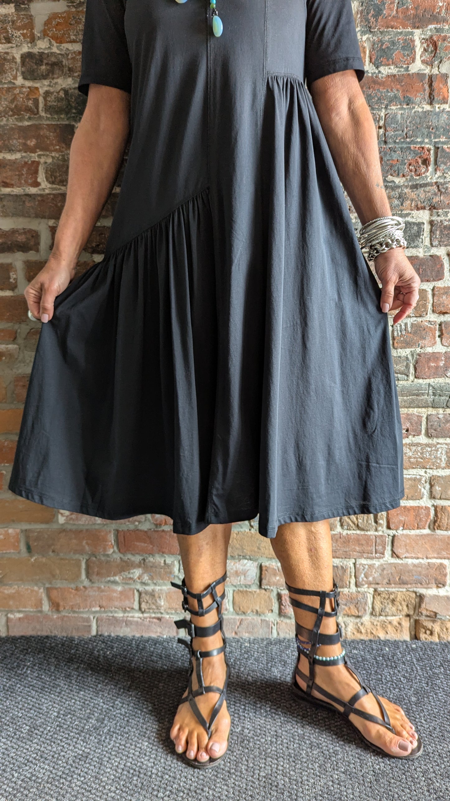 100% Cotton Round Neck T shirt Dress with Asymmetrical Flounce - BLACK