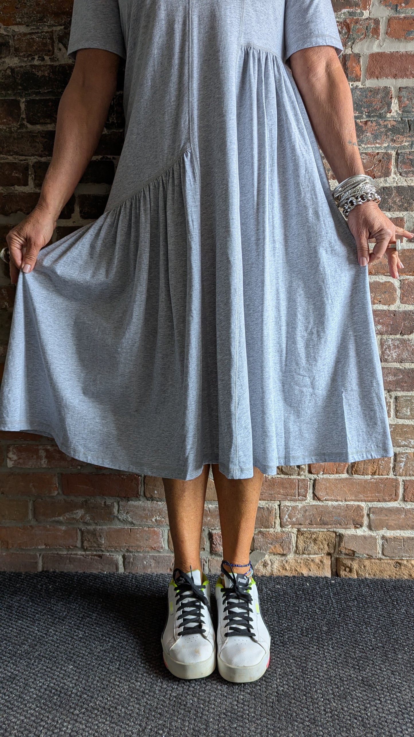 100% Cotton Round Neck T shirt Dress with Asymmetrical Flounce GREY