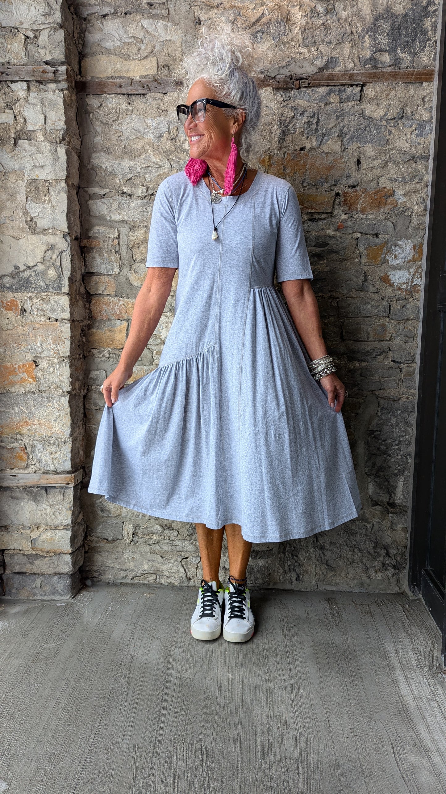 100% Cotton Round Neck T shirt Dress with Asymmetrical Flounce GREY
