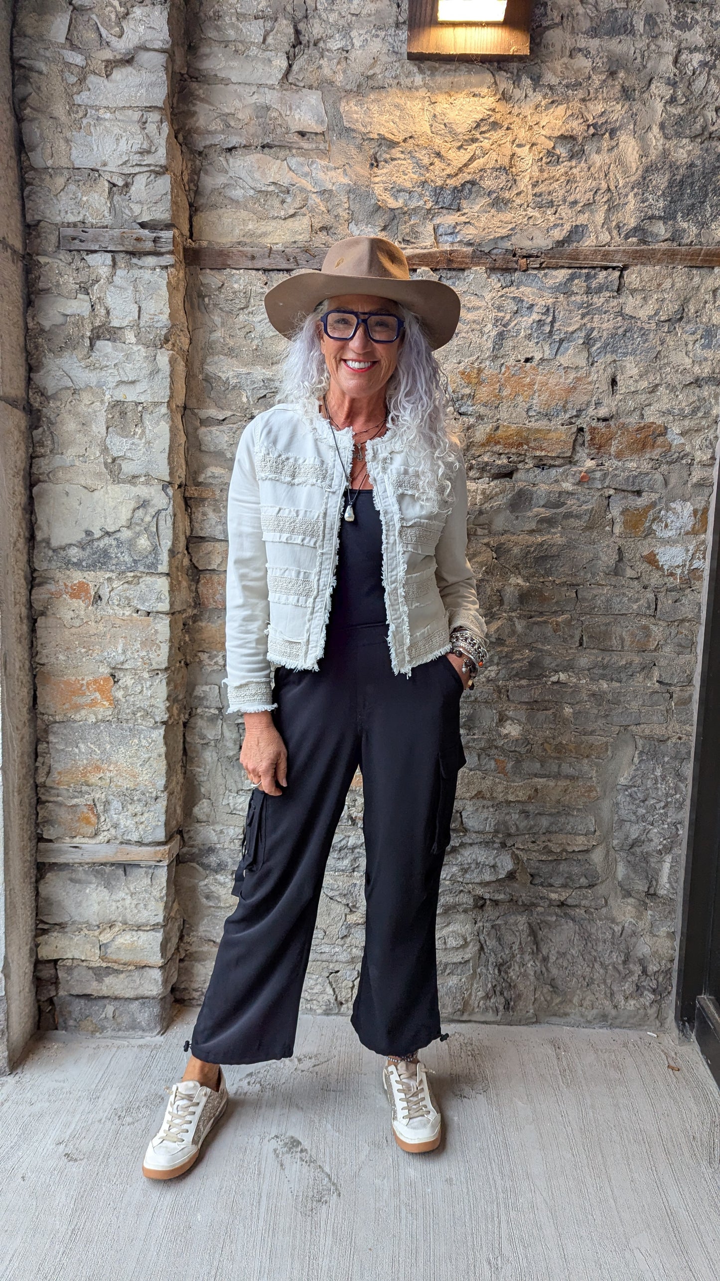 Collarless Stretch Jean Jacket with macrame frayed edges and pockets- Ivory