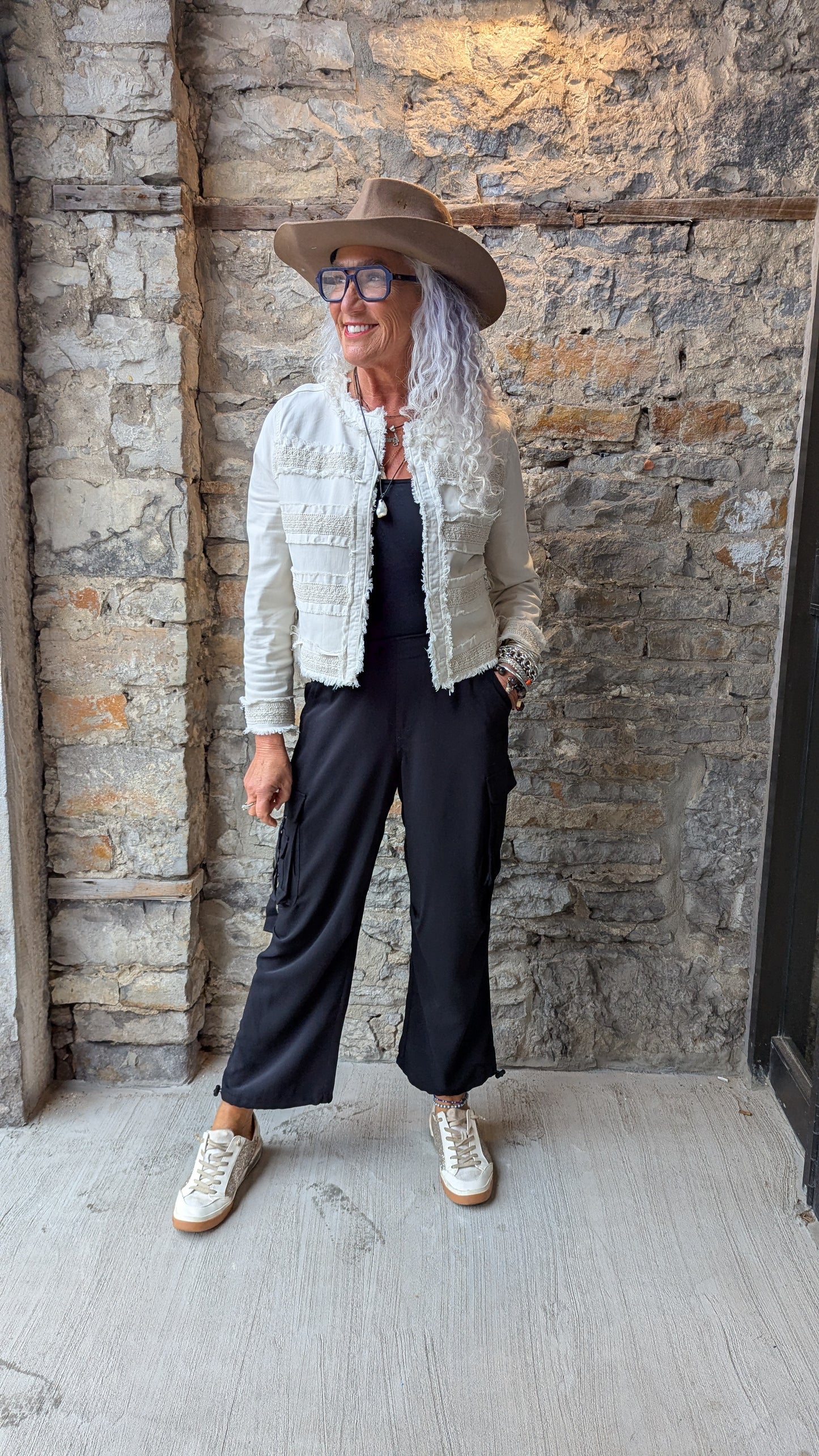 Collarless Stretch Jean Jacket with macrame frayed edges and pockets- Ivory