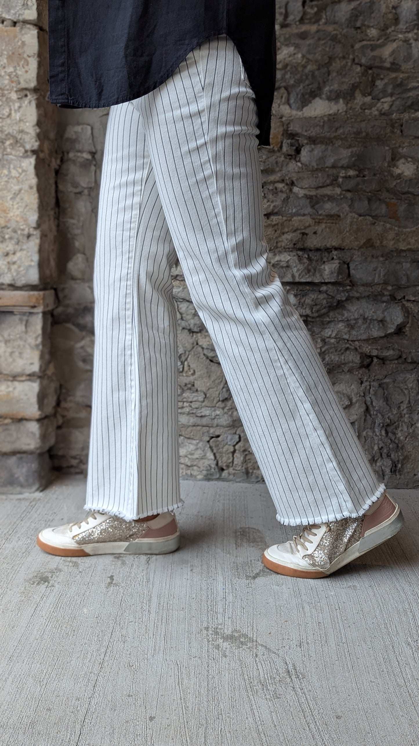 High Rise Flare Pinstripe Pant - Black and White Stripe