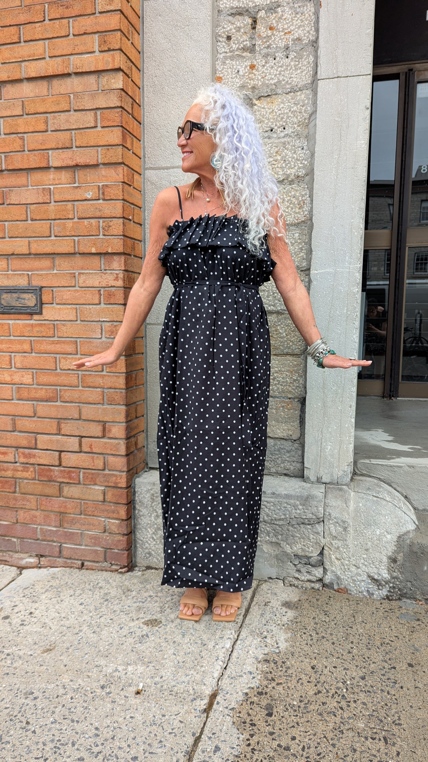 Flat Accordion Pleated Polka Dot Spaghetti Strap Maxi Dress - Black and White
