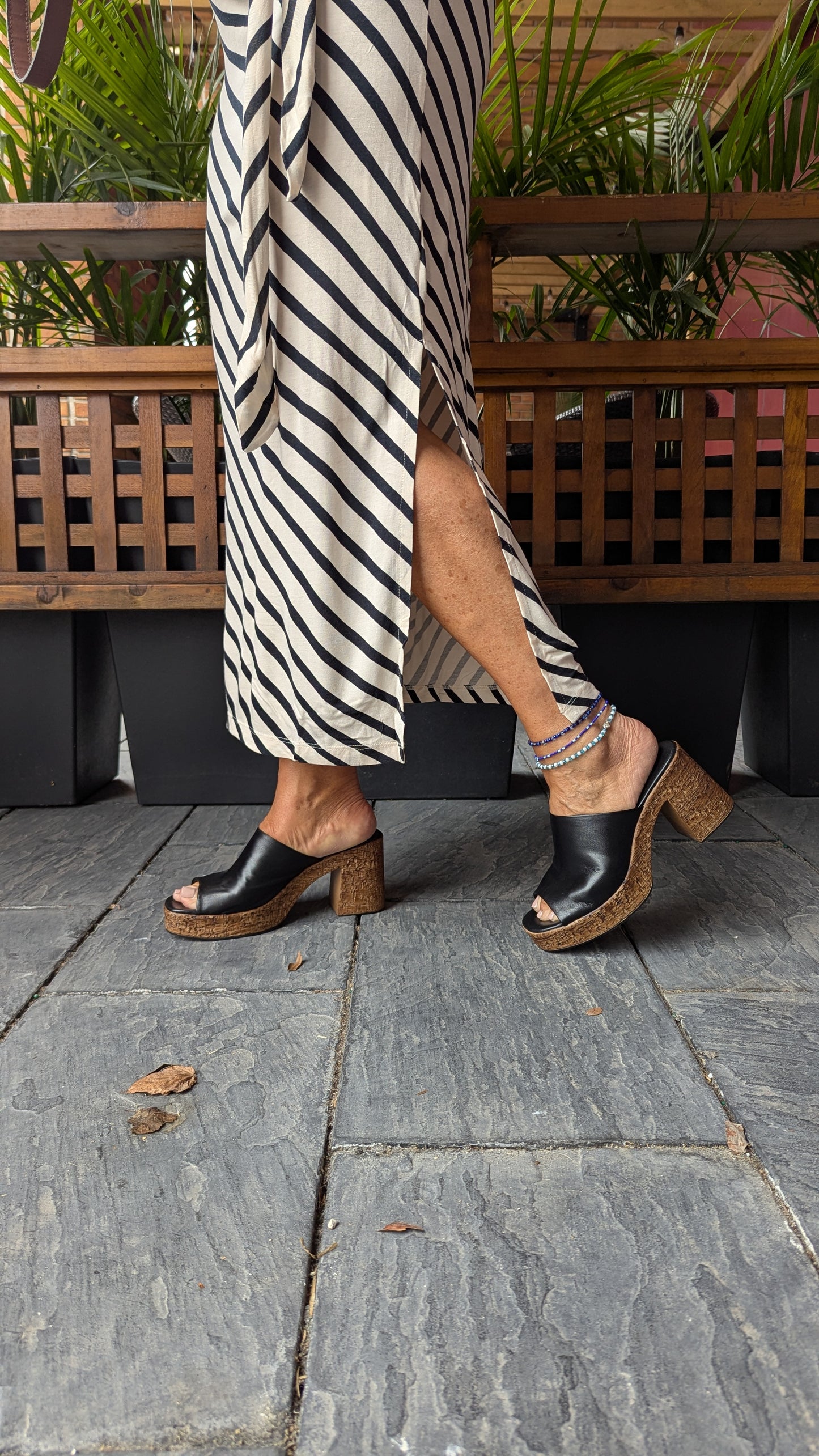 Striped T Shirt Midi Length Dress with Front Tie Details - Black & White