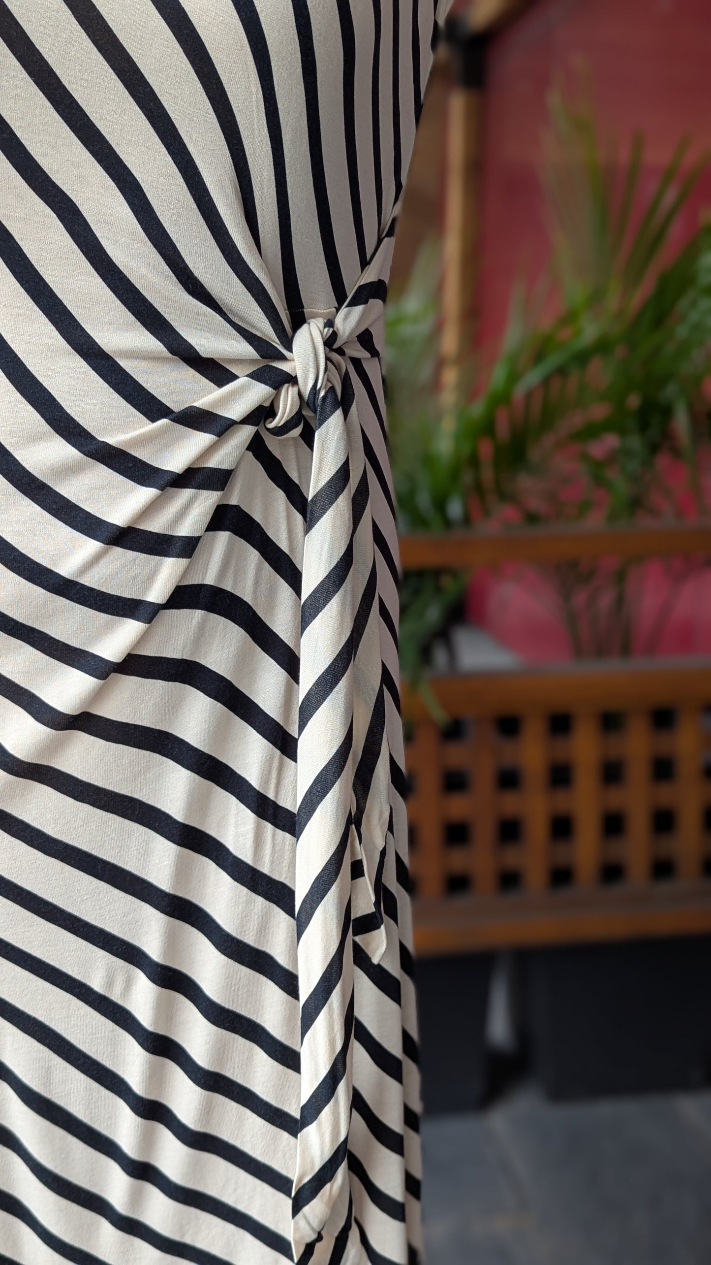 Striped T Shirt Midi Length Dress with Front Tie Details - Black & White