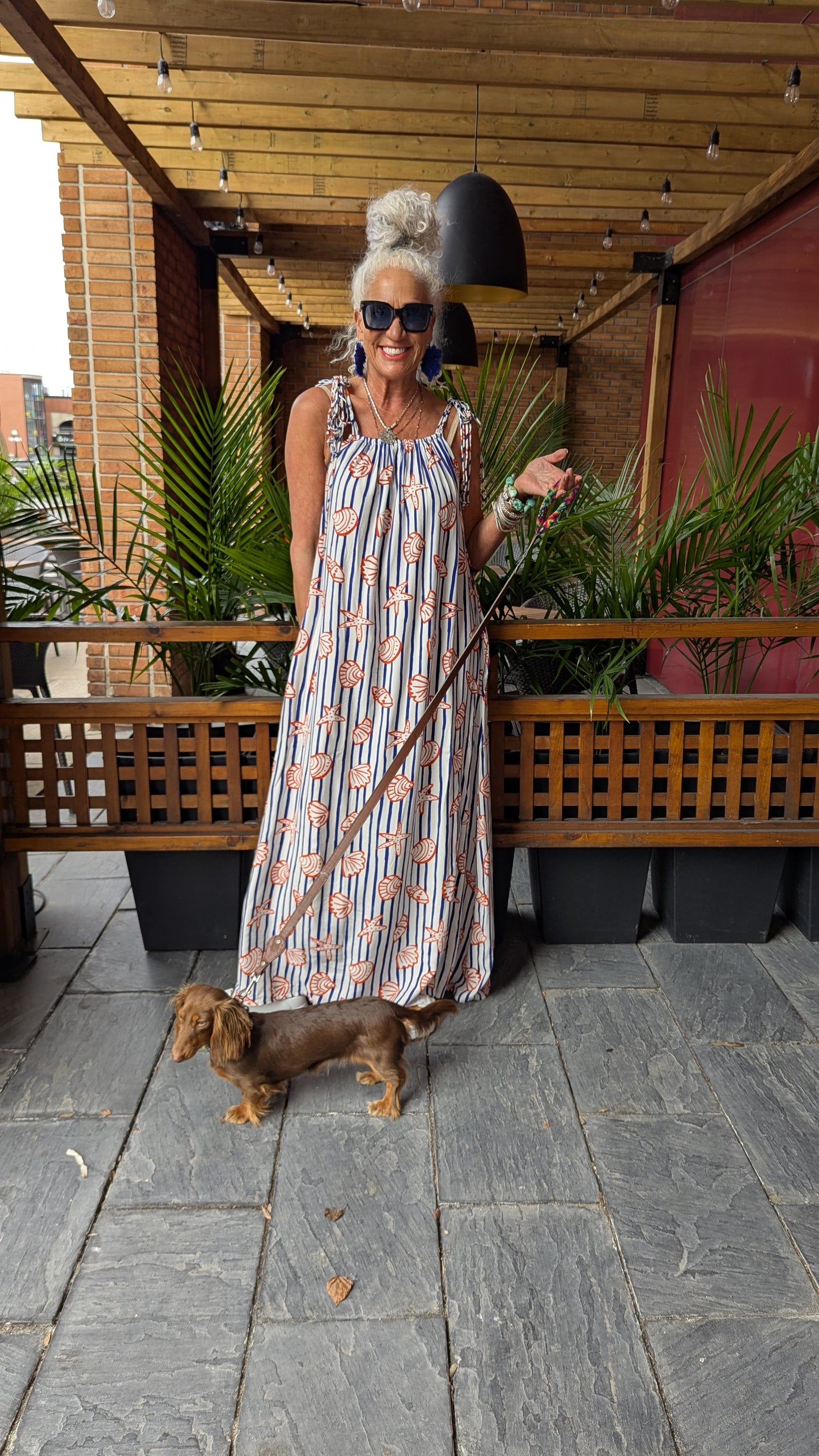 Blue and White Spaghetti Strap Striped Maxi Sundress POCKETS - Orange Sea Shell Pattern