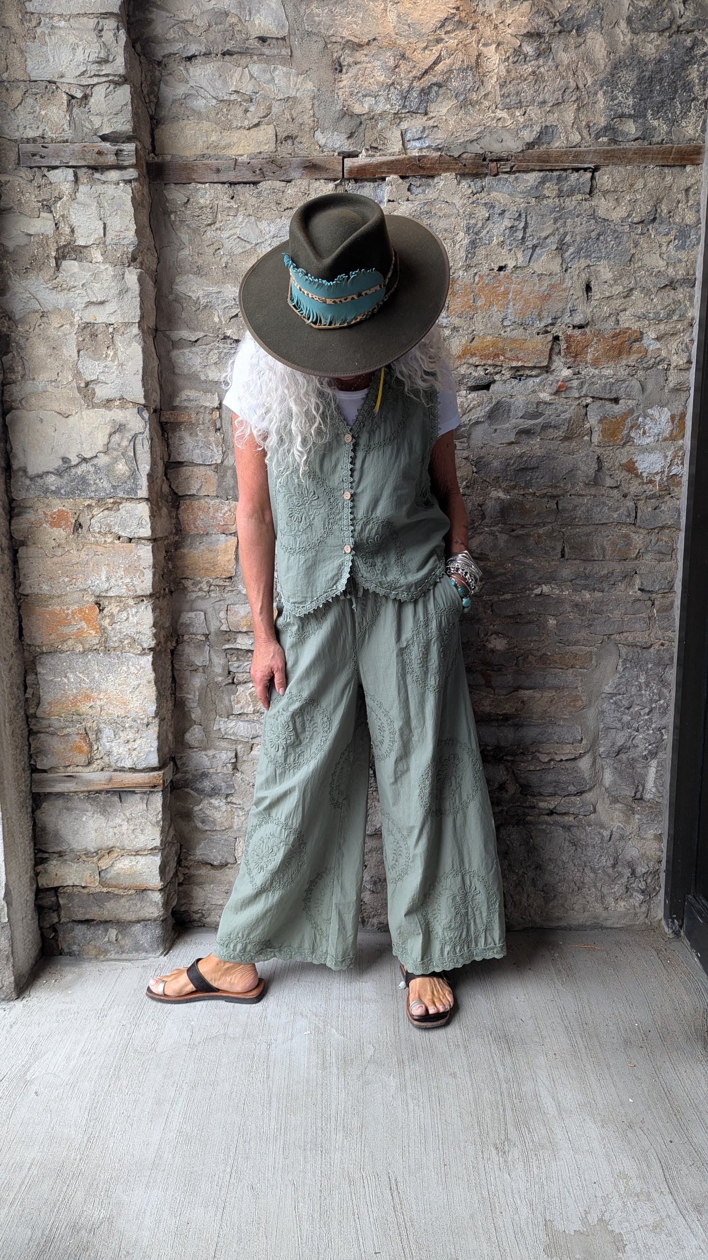 100% Cotton Boho Loose Wide Leg Pant with Pockets- Military Green