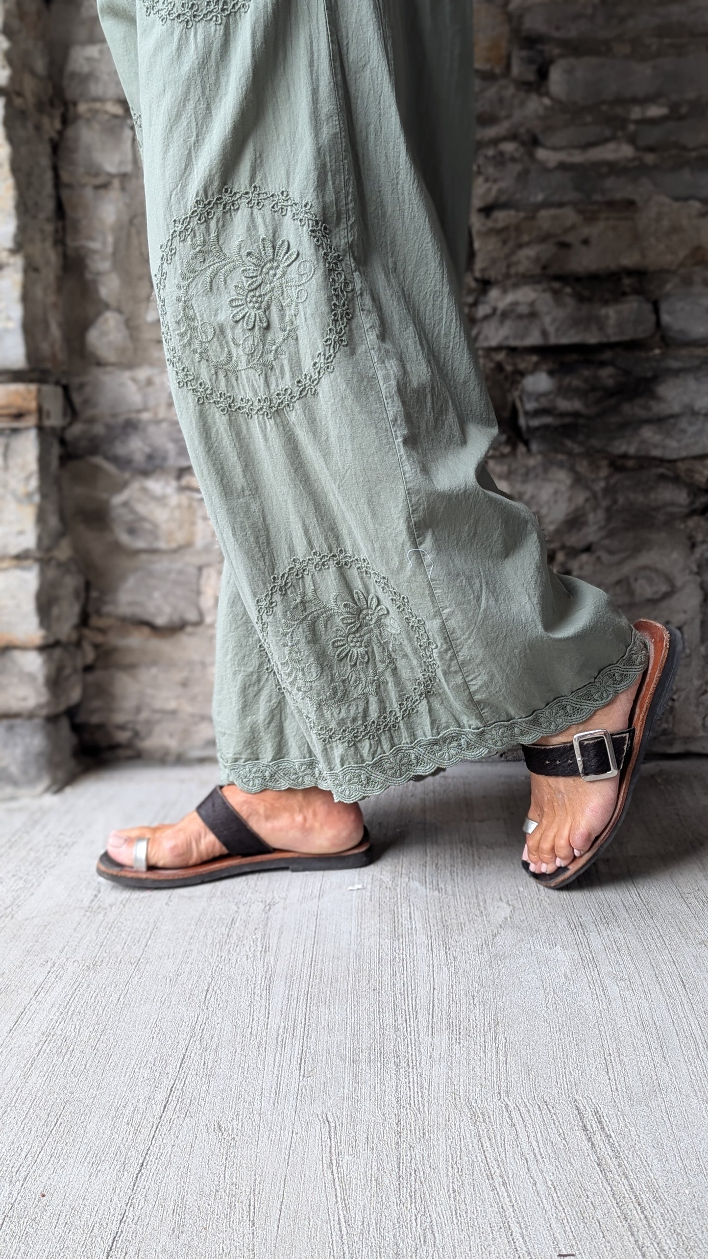 100% Cotton Boho Loose Wide Leg Pant with Pockets- Military Green