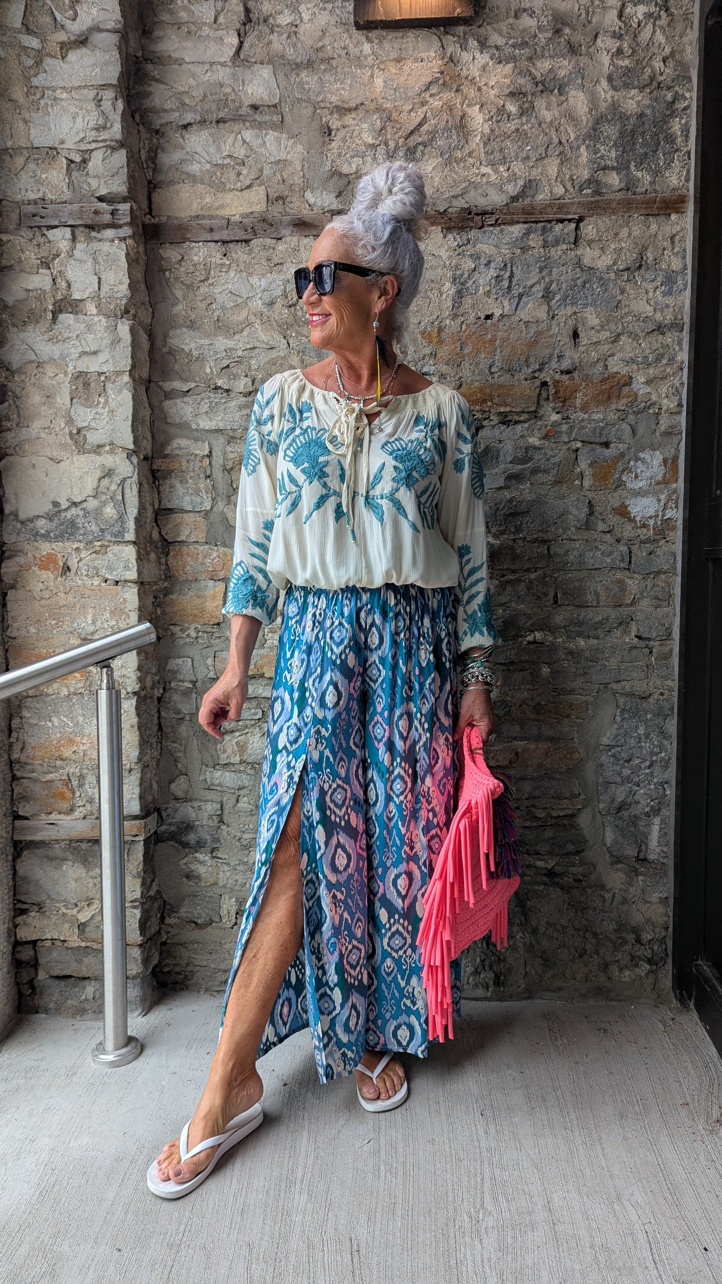 Long Sleeve Embroidery Top- Sea foam & Ivory