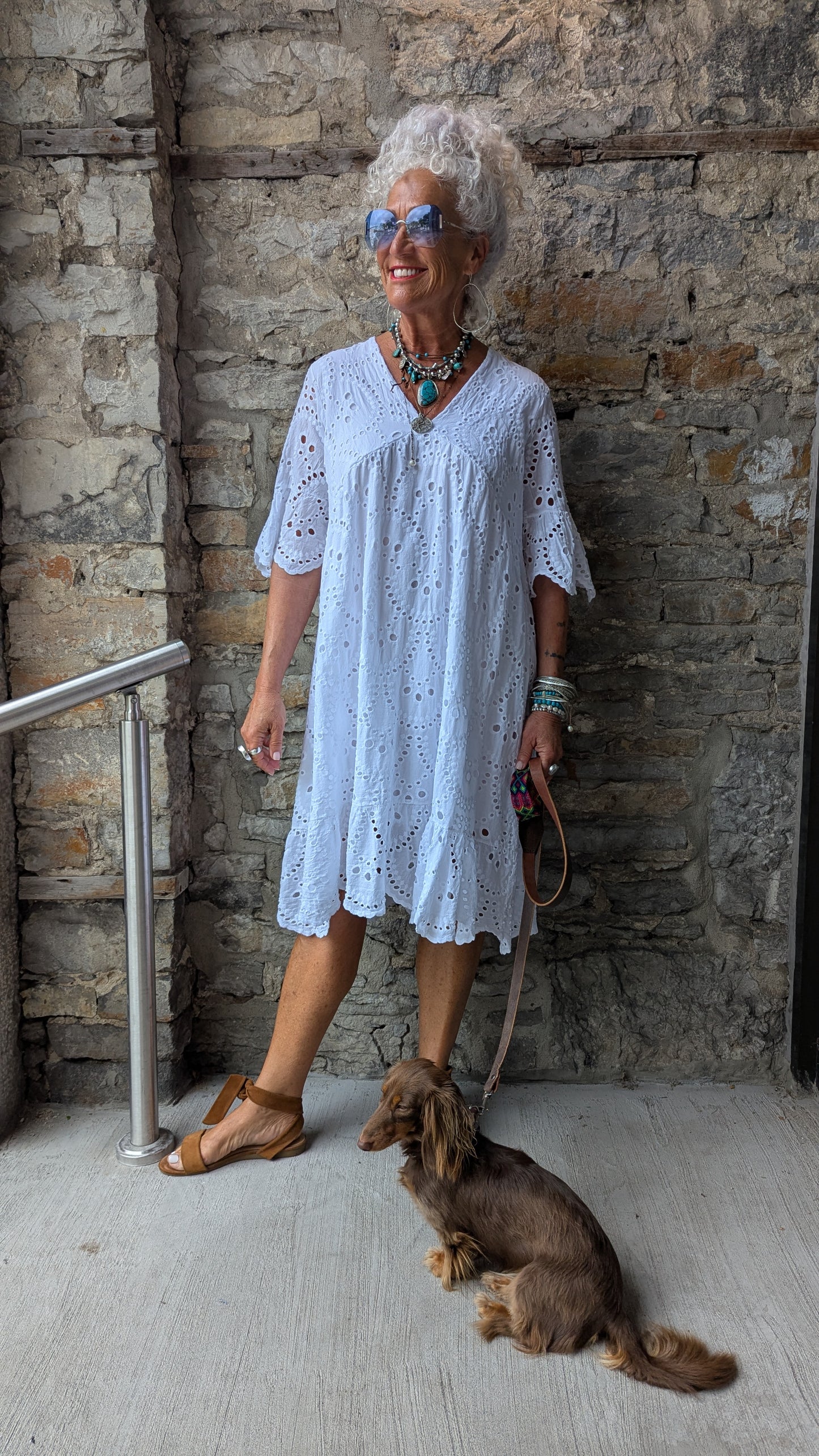 White Lined Eyelet Dress With Flounce