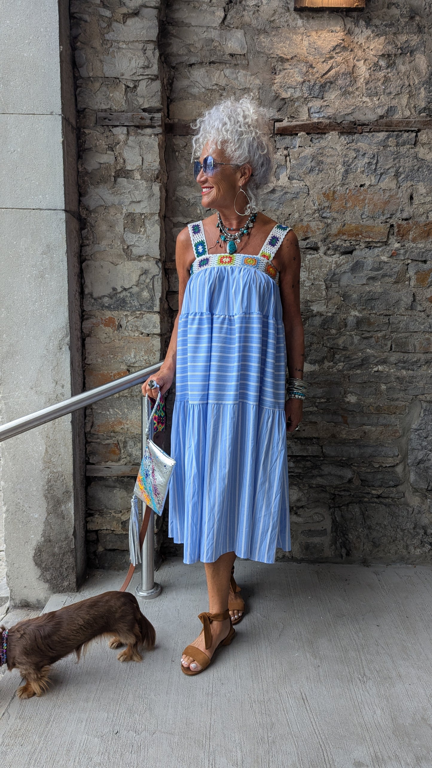 Blue Pinstripe Crochet Strap Maxi Dress