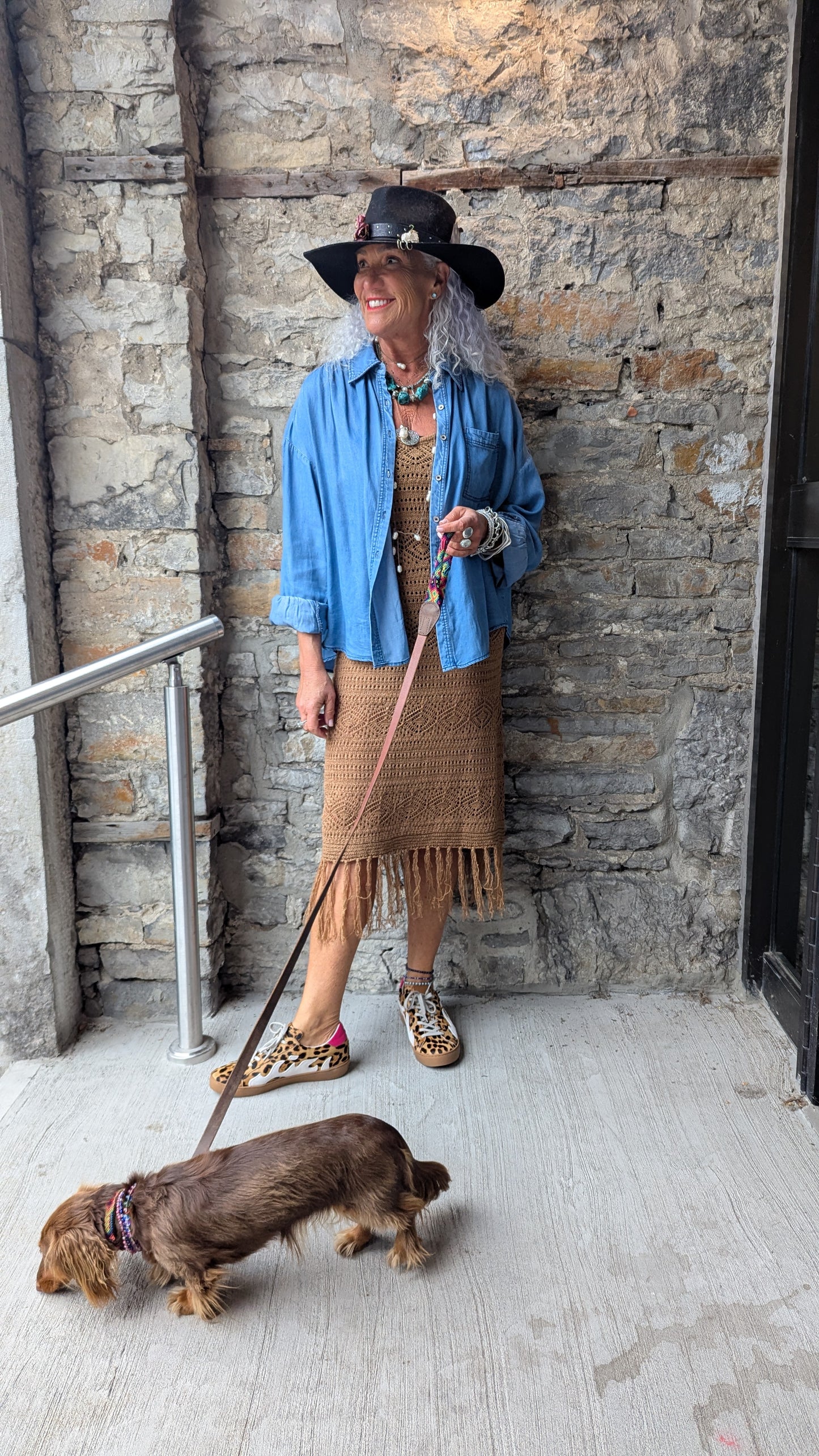 Tan Midi Length Crochet Fringed Dress