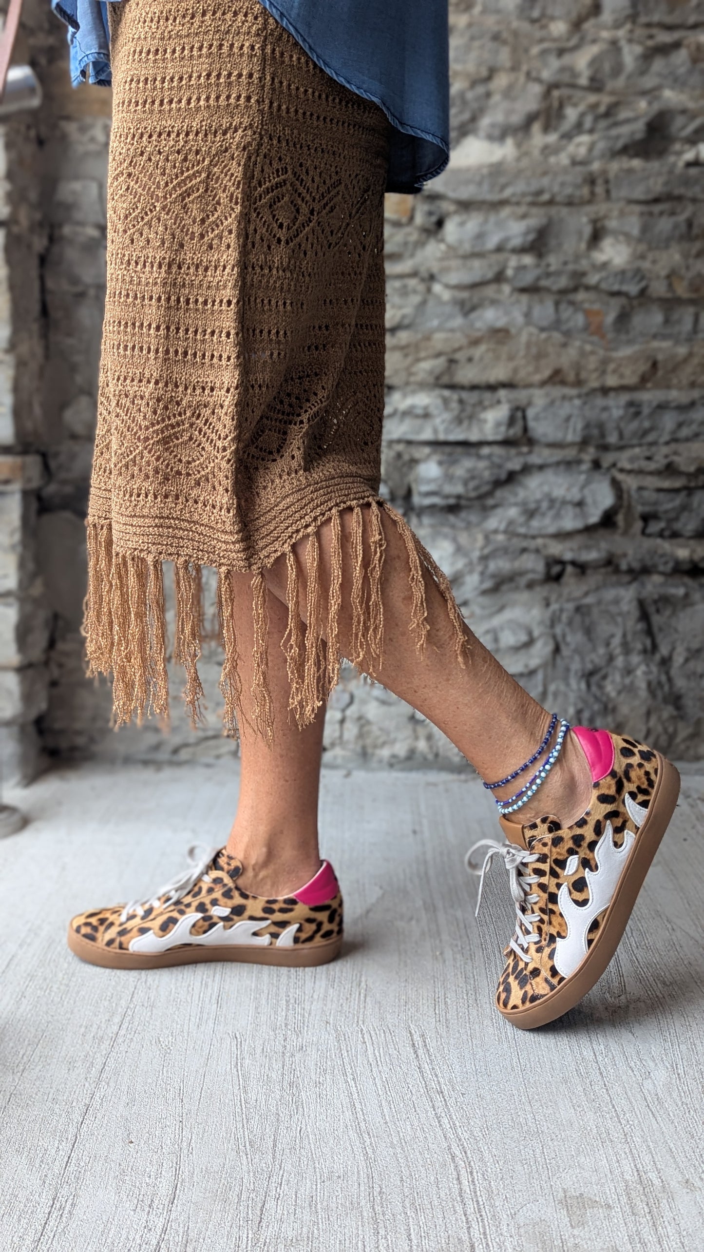 Tan Midi Length Crochet Fringed Dress