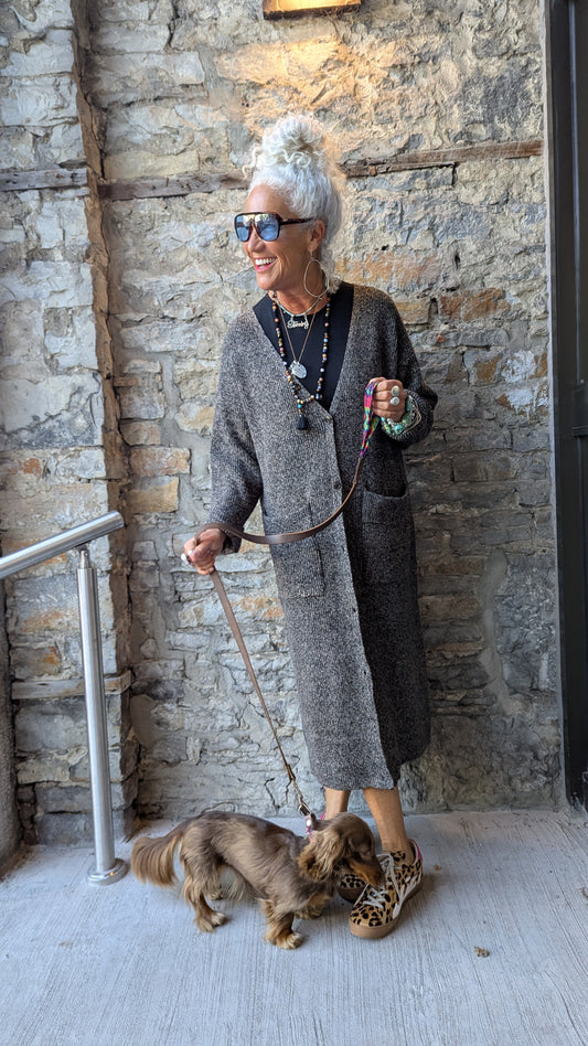 Knit Maxi Cardigan with POCKETS - Black Dark Grey Taupe Melange Mix