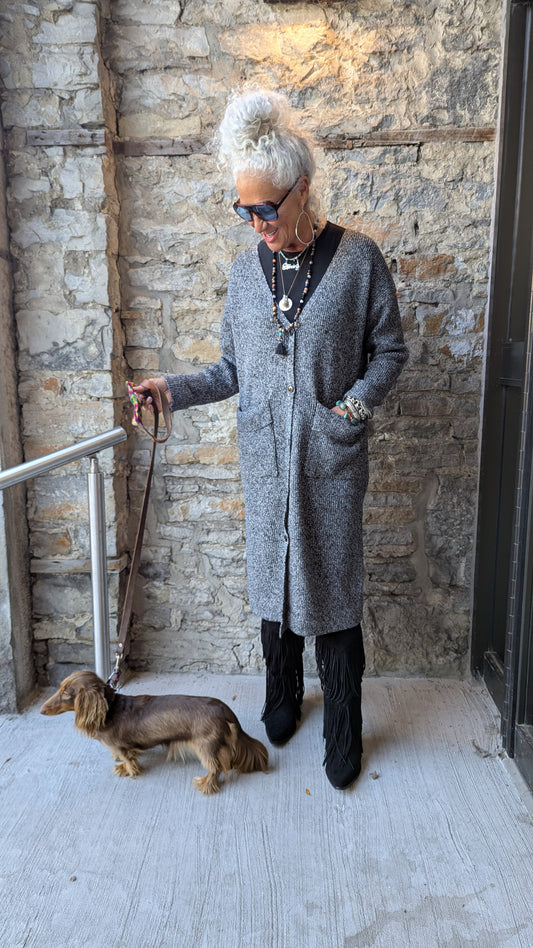 Knit Maxi Cardigan with POCKETS - Grey Black Melange Mix