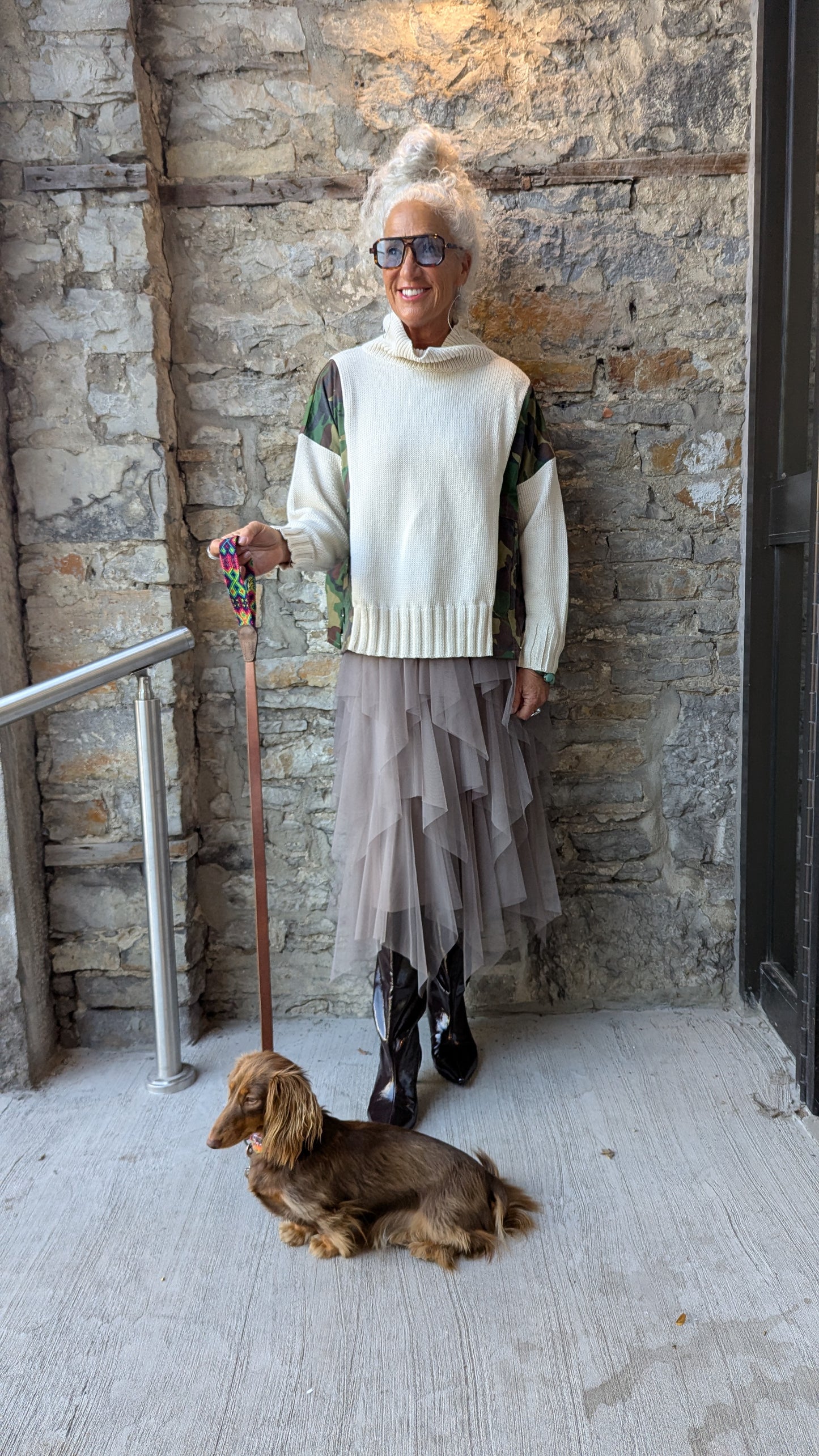 Camouflage Patchwork Cream Knit Cowl Sweater