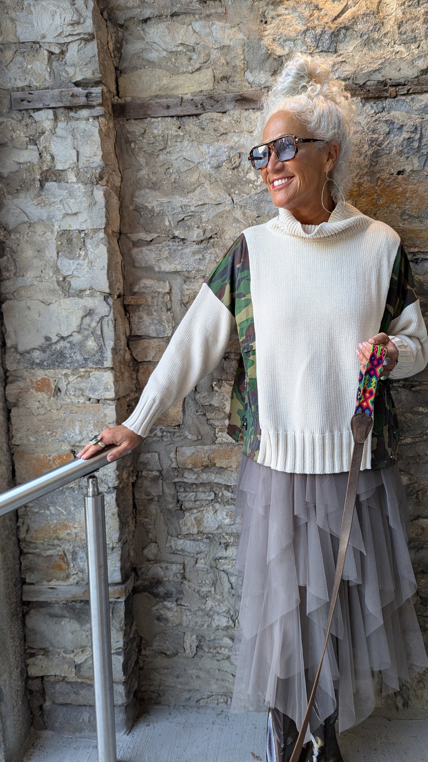 Camouflage Patchwork Cream Knit Cowl Sweater
