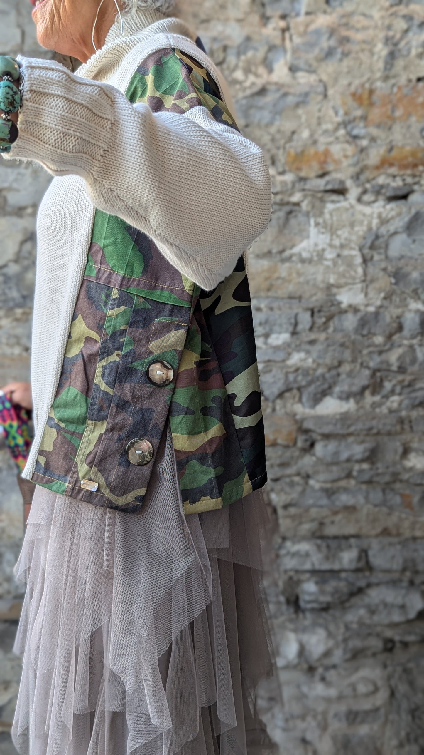 Camouflage Patchwork Cream Knit Cowl Sweater