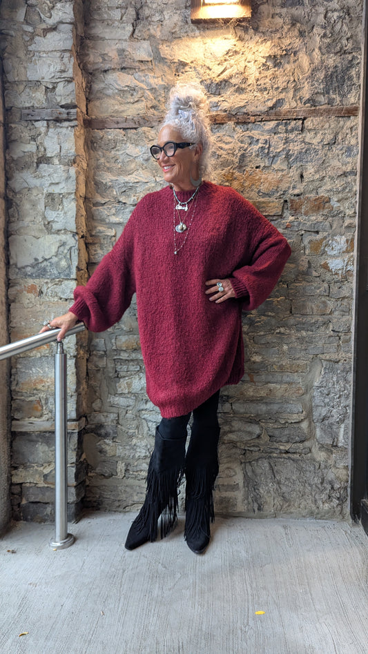 Oversized Knit Sweater Dress- BURGUNDY