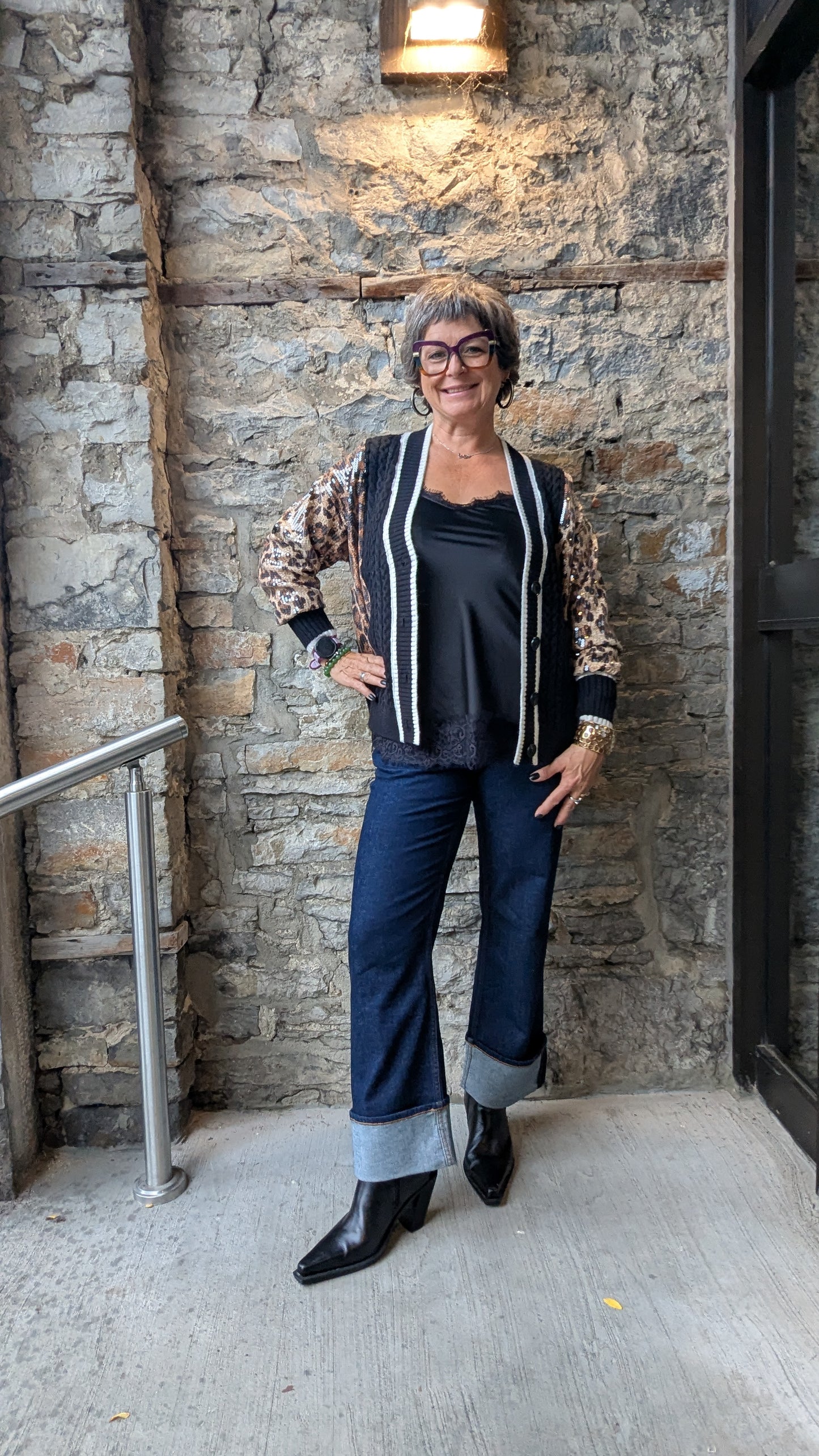 Cable Knit Cardigan with Sequin Animal Print Sleeves