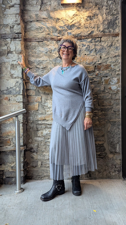 Oversized Sweater and Tulle Tank Dress with accordion pleats 2pc Set GREY