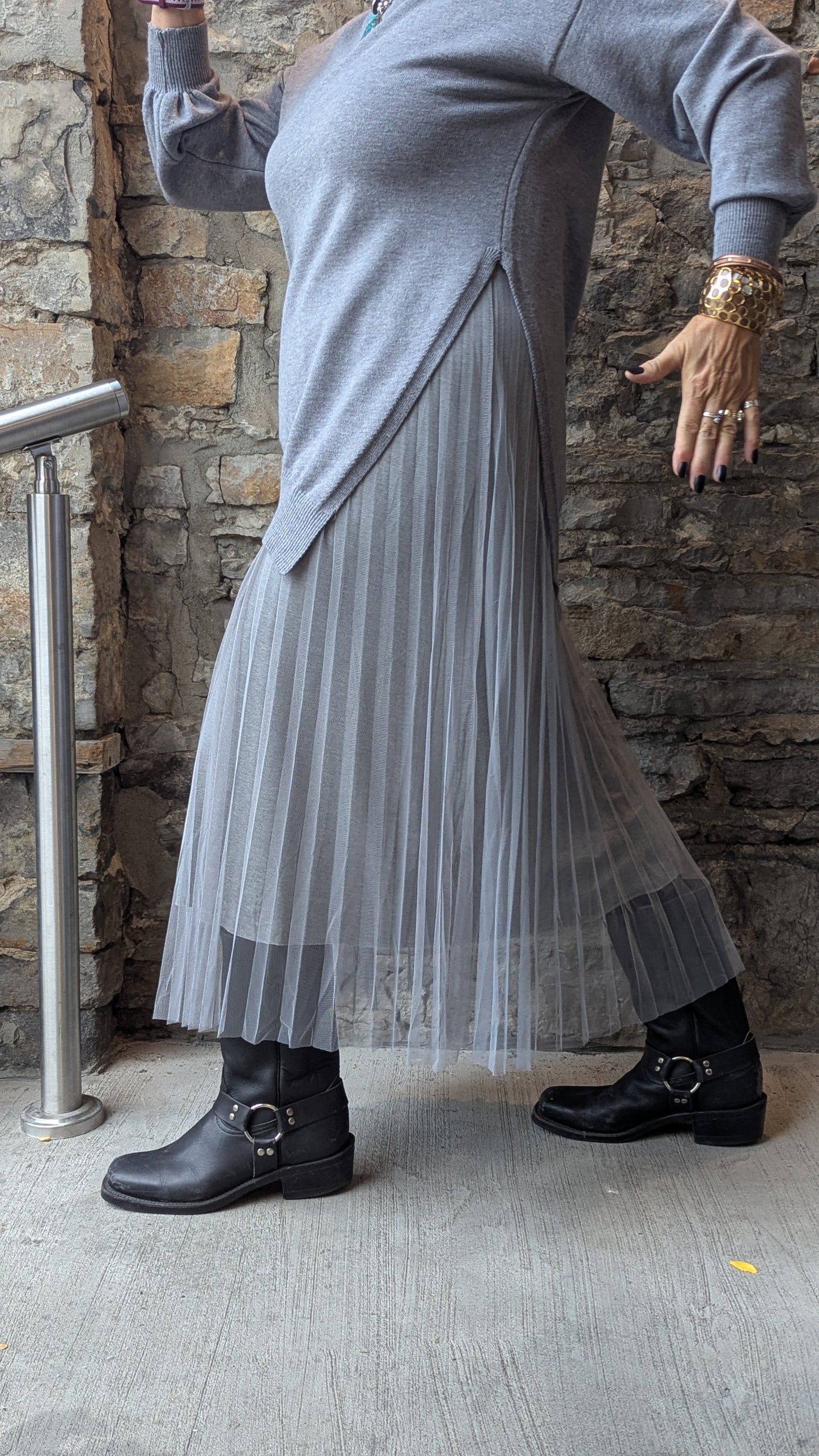 Oversized Sweater and Tulle Tank Dress with accordion pleats 2pc Set GREY