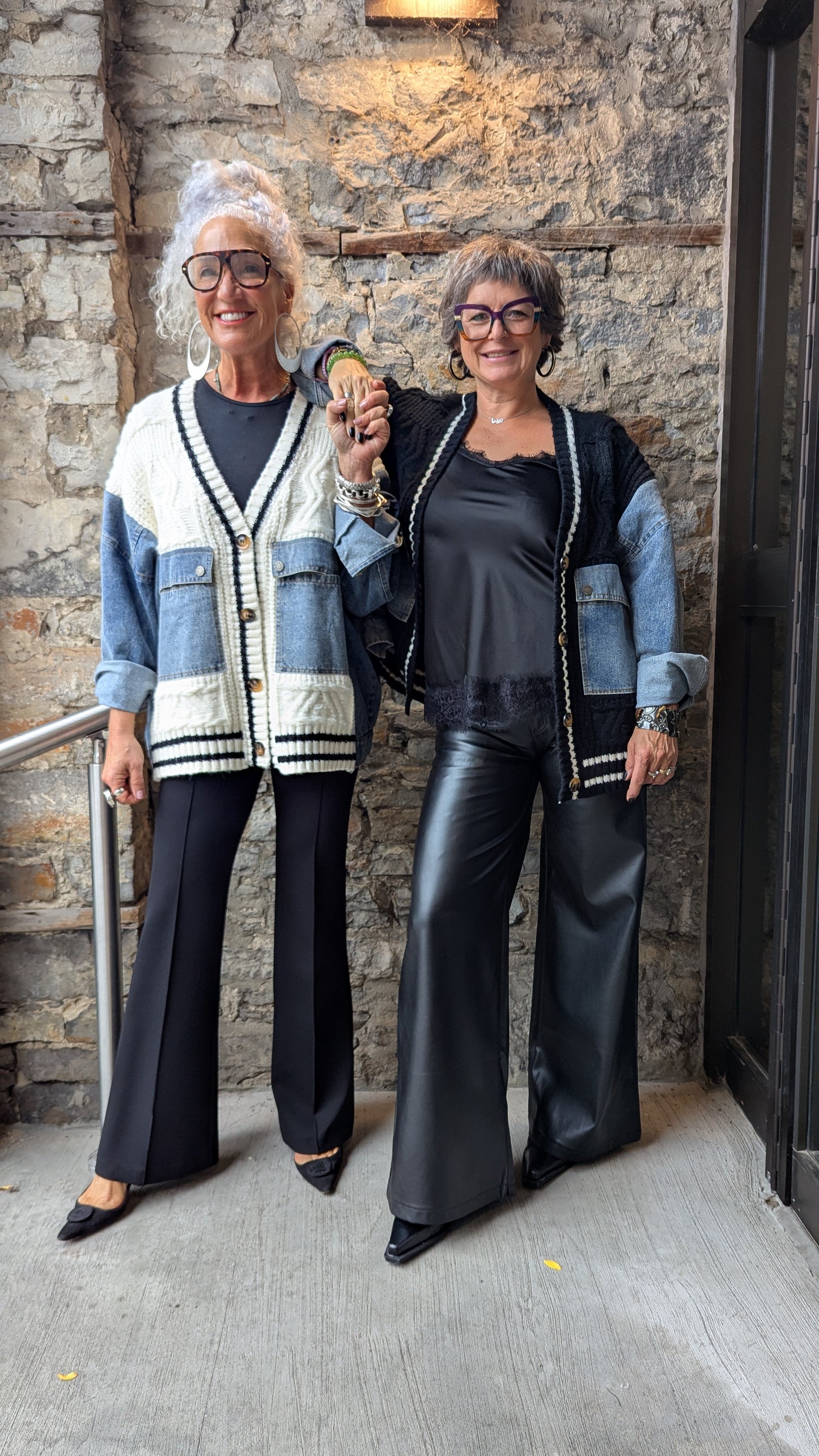 Oversized Ivory Cable Cardigan with Denim Sleeves